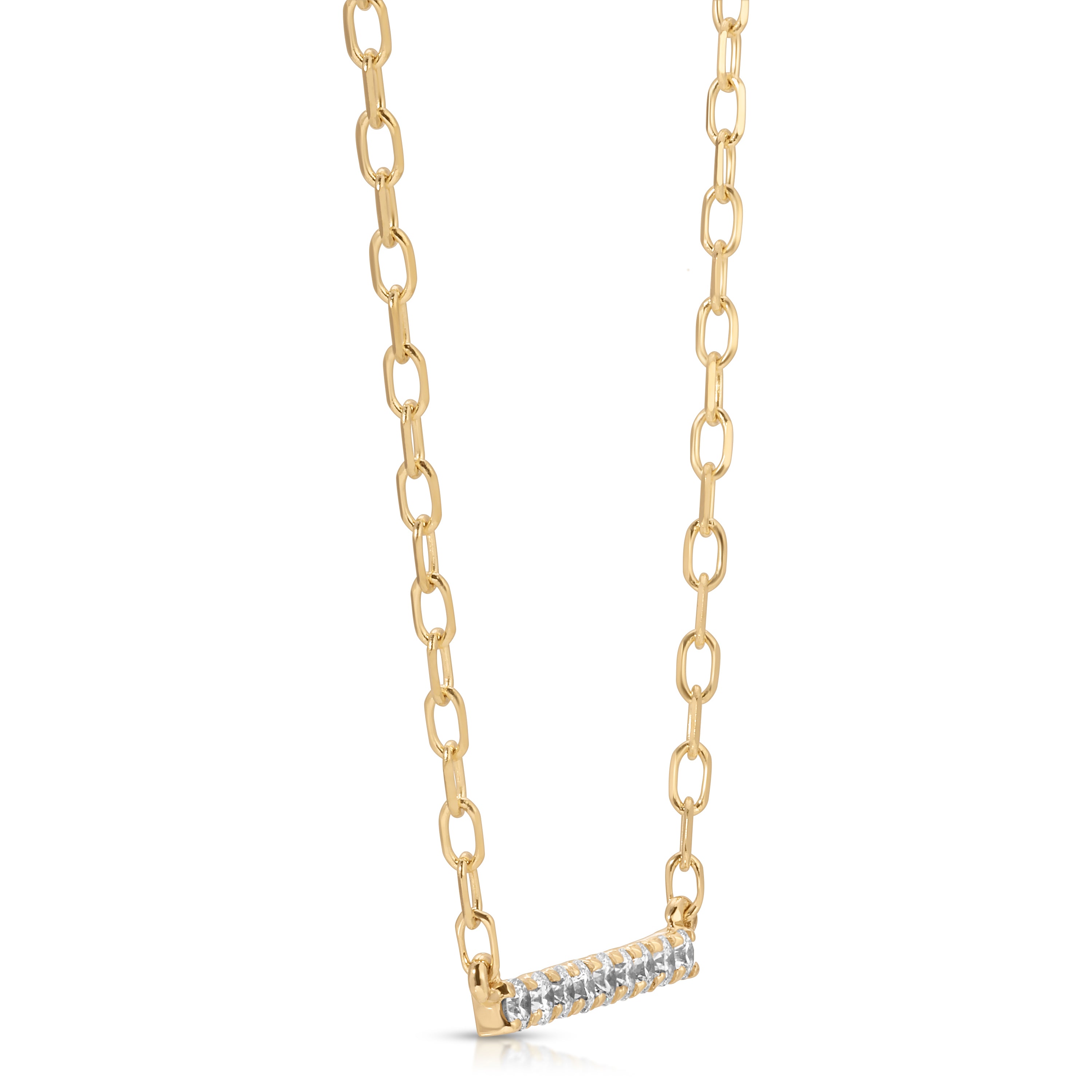 Gold chain necklace with a small diamond bar pendant on a white background