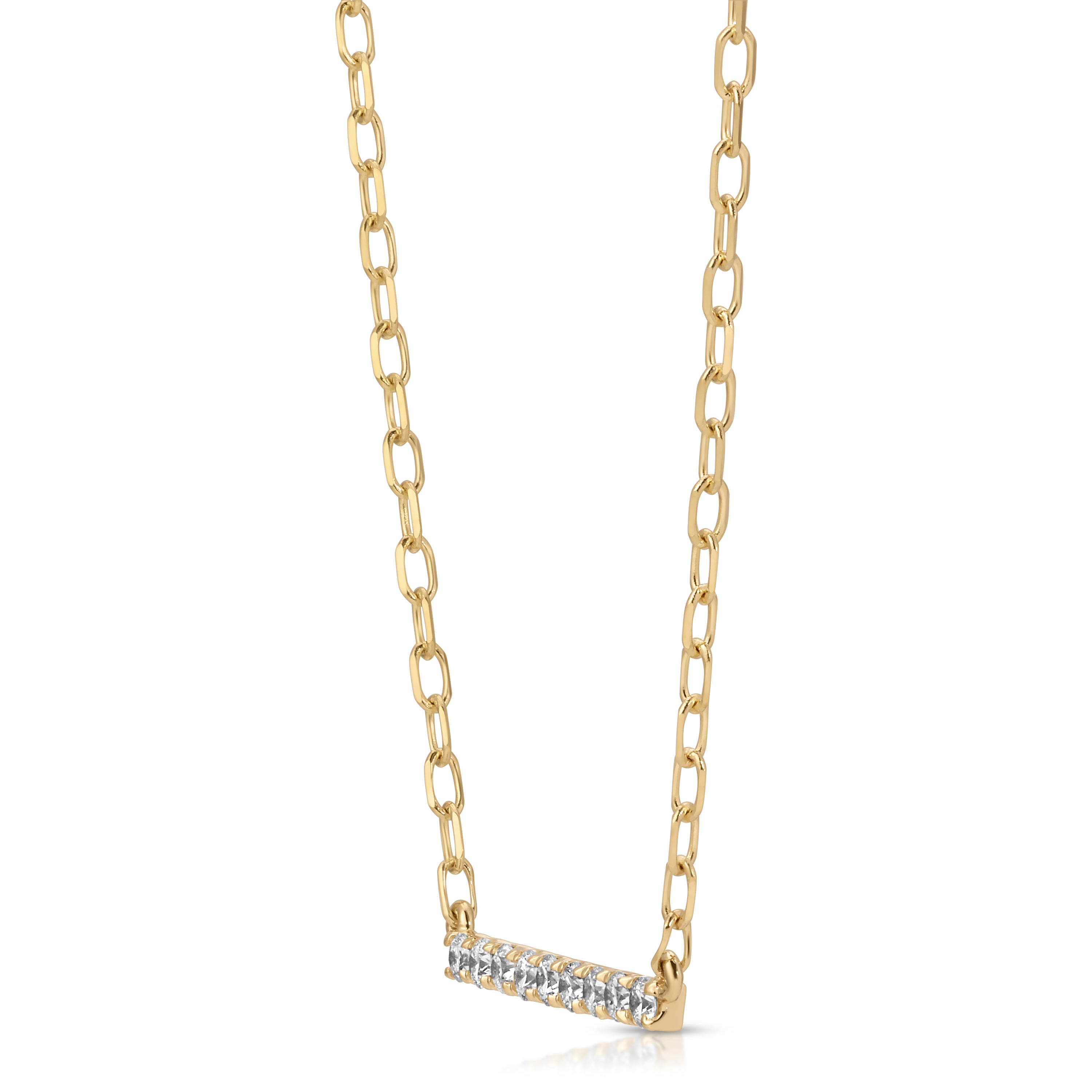 Gold necklace with a bar pendant on a white background