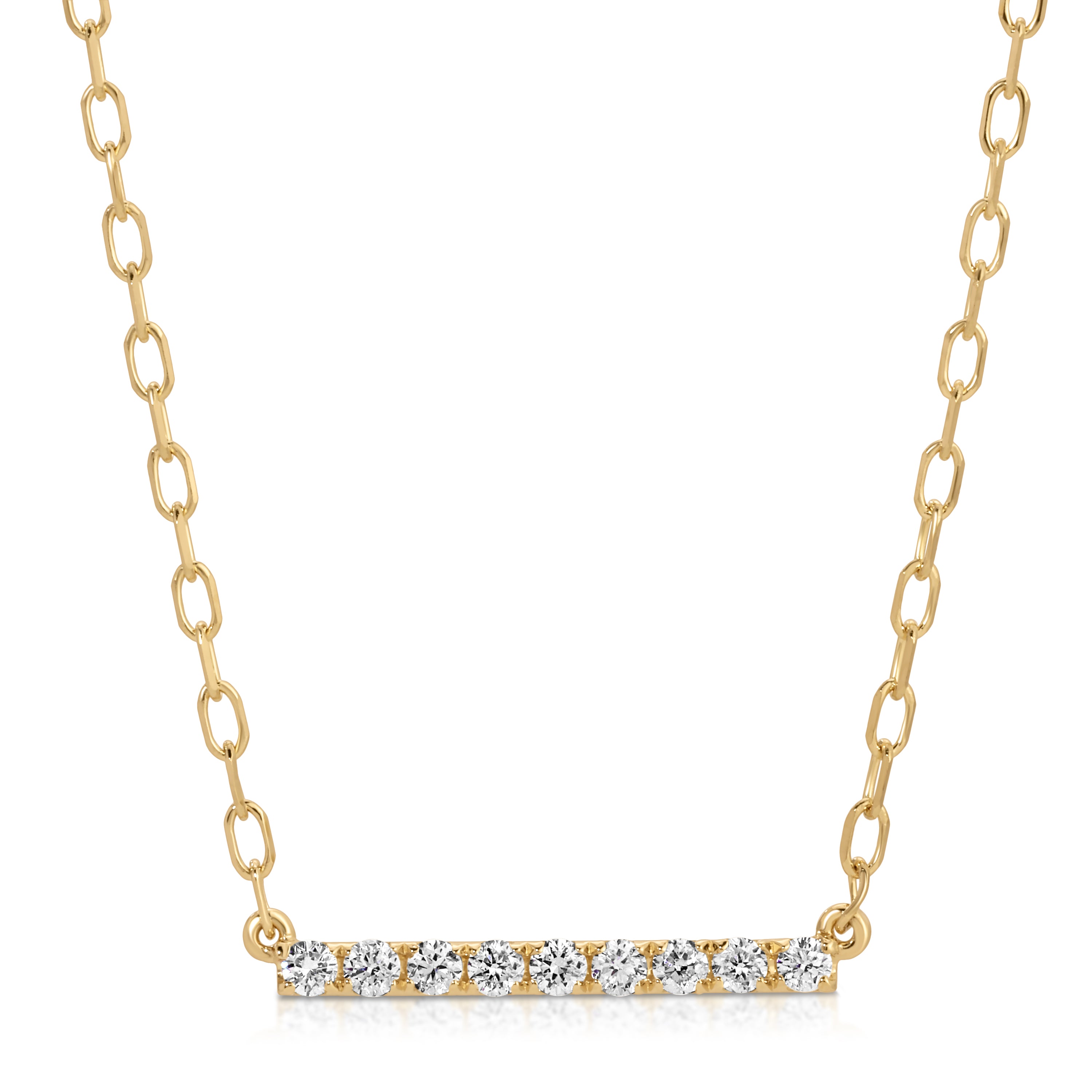 Gold necklace with a bar pendant featuring diamonds on a white background