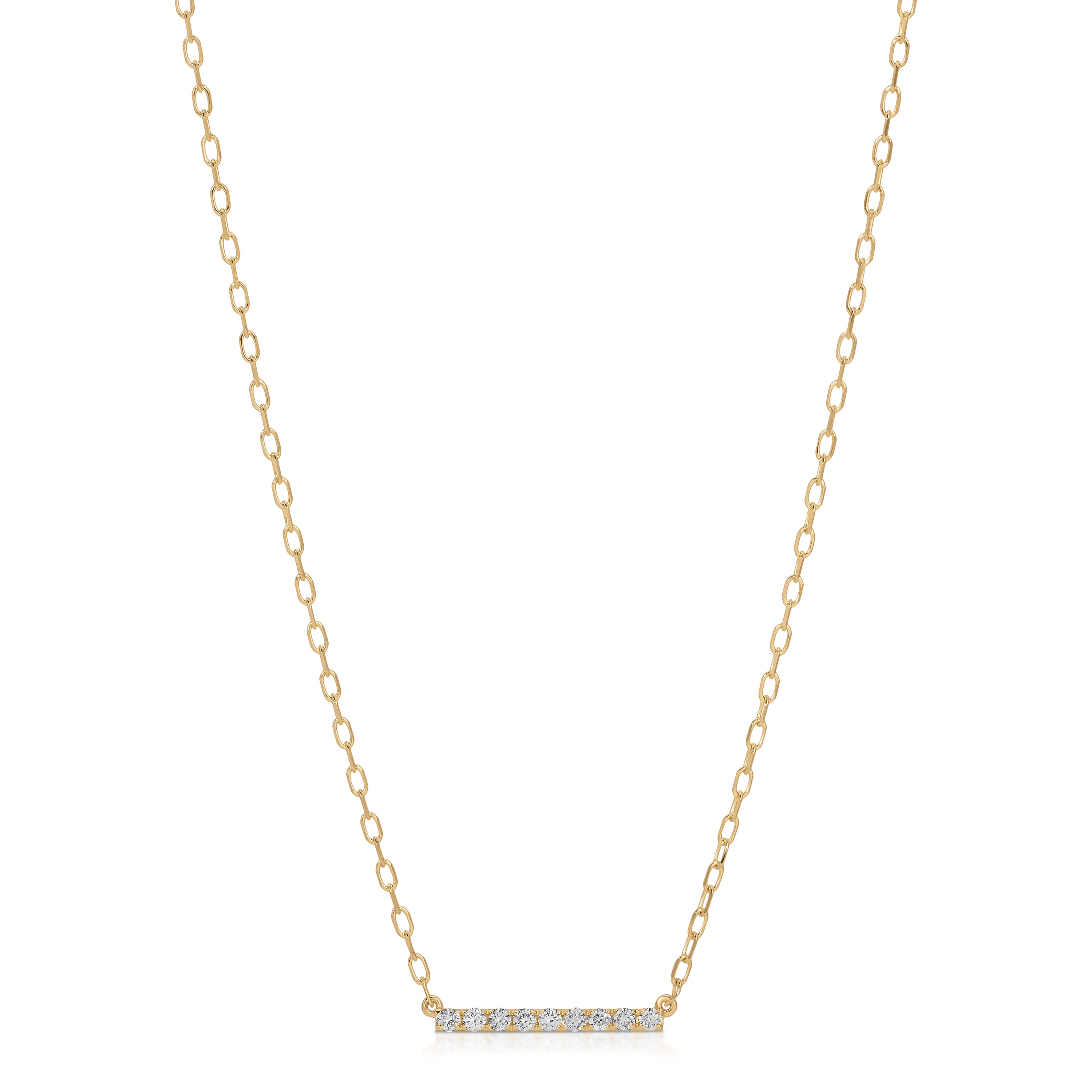 Gold necklace with a bar pendant on a white background