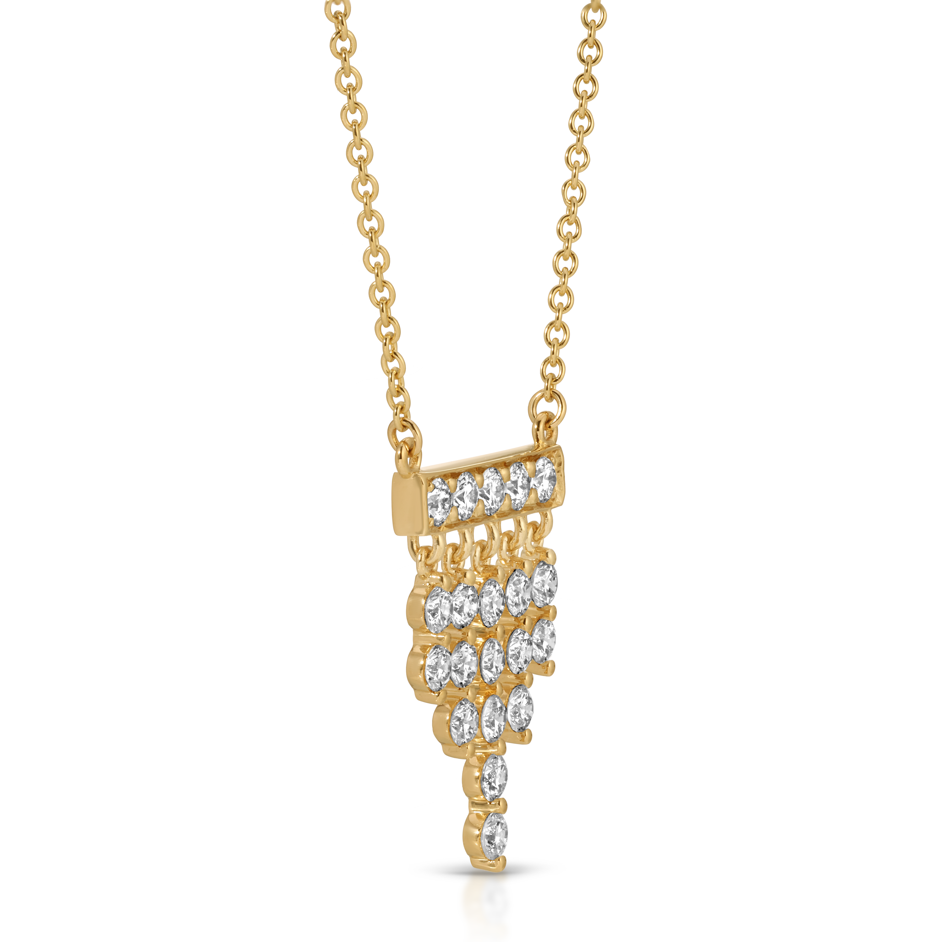 Gold necklace with a unique pendant design on a white background
