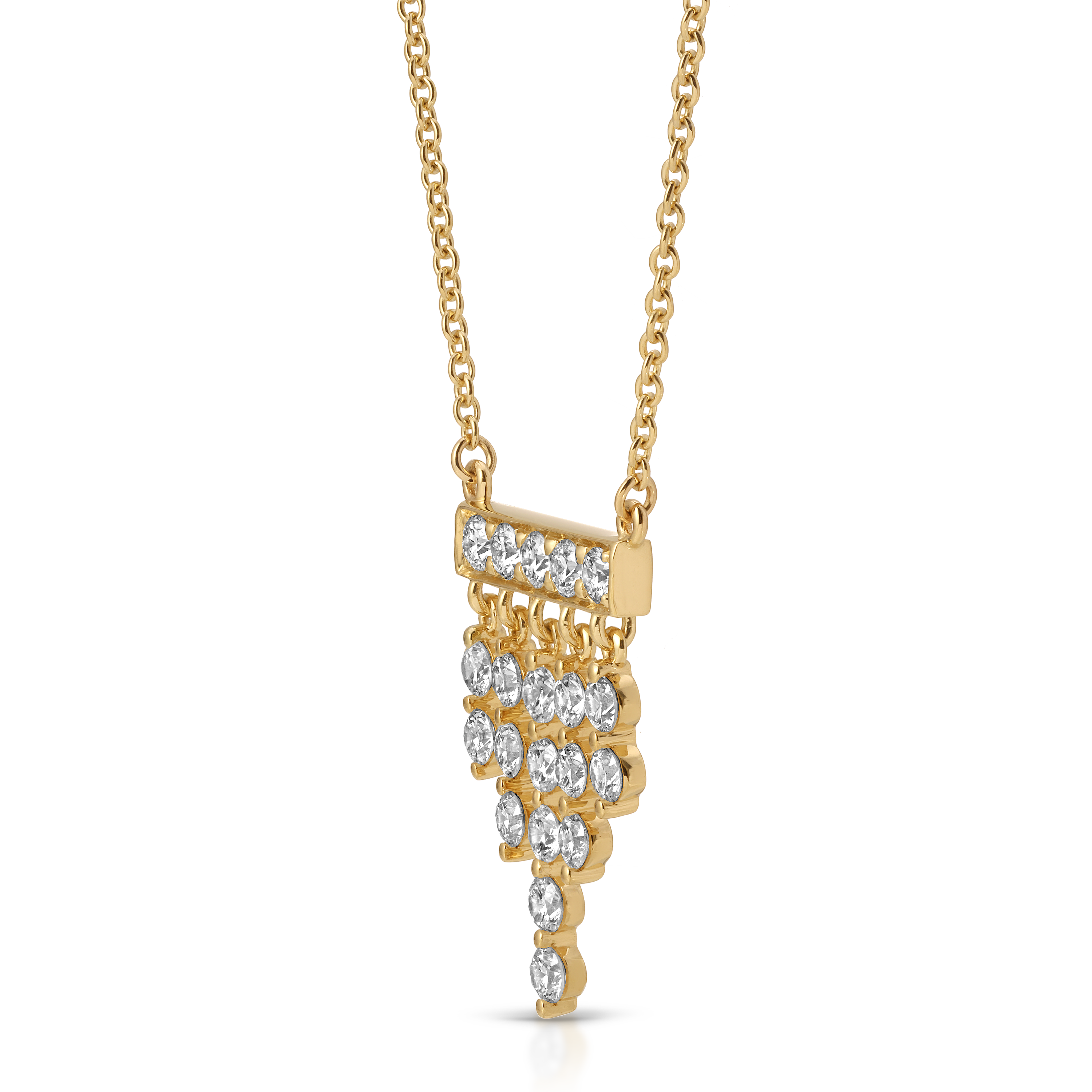 Gold necklace with a diamond pendant on a white background