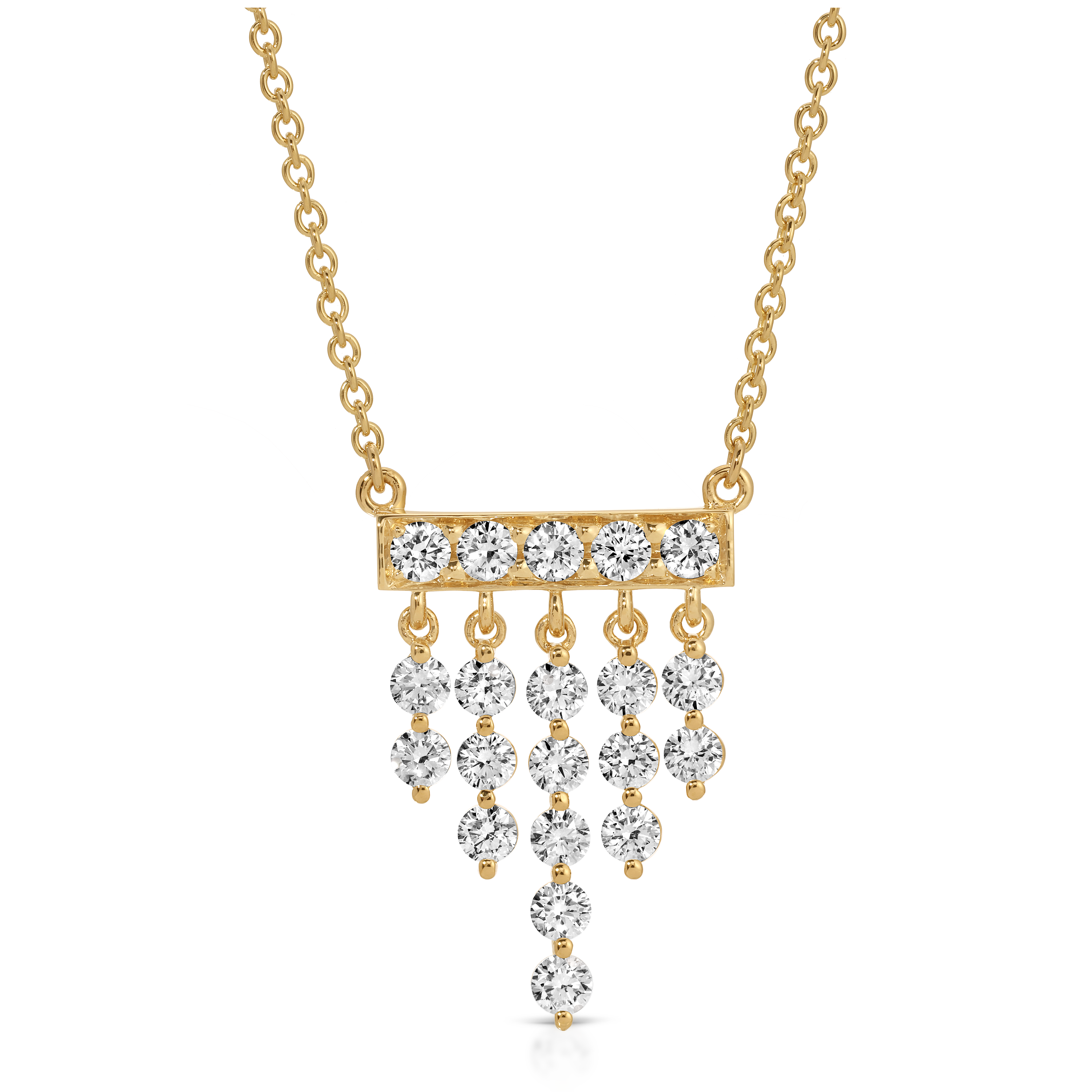 Gold necklace with diamond pendants on a white background