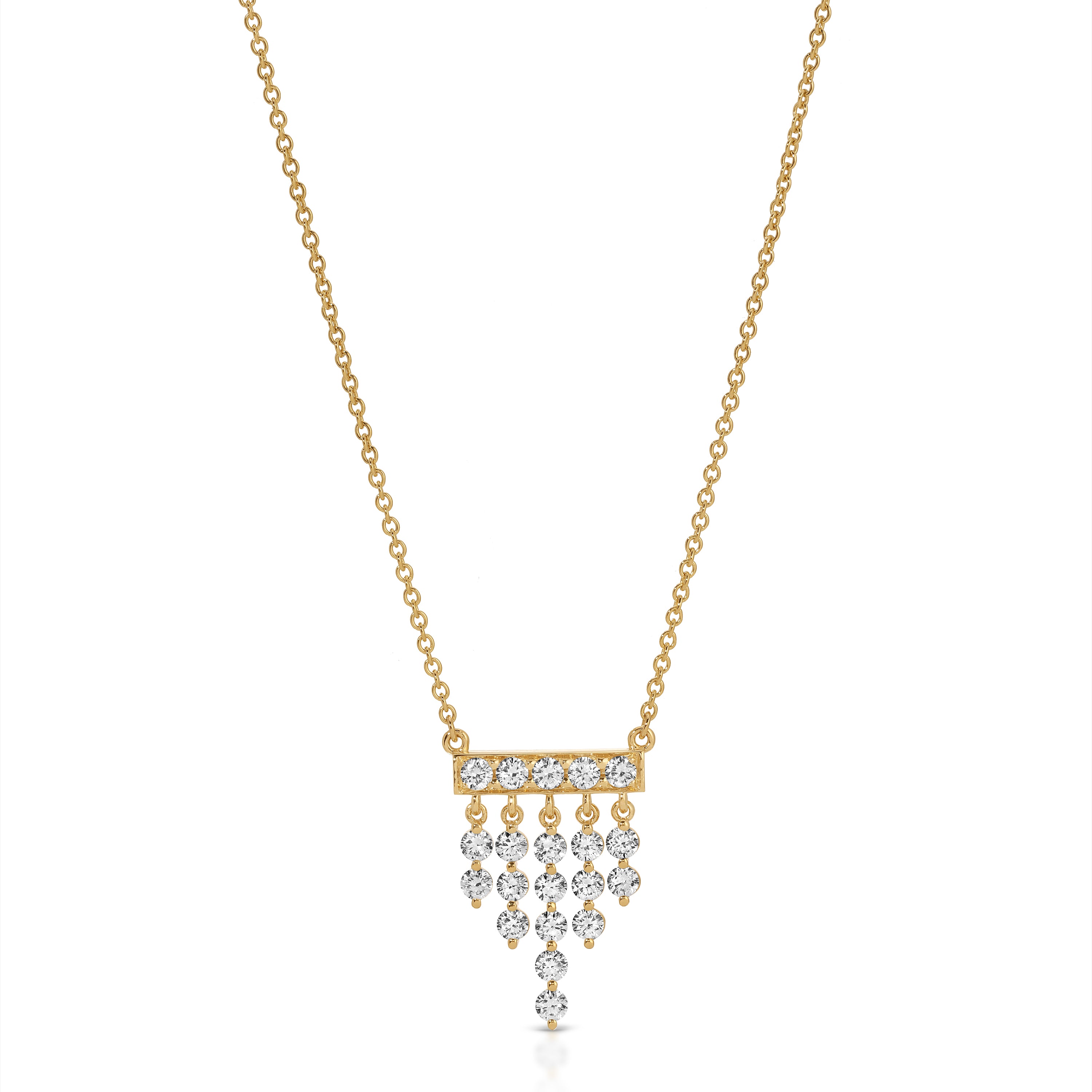 Gold necklace with diamond pendants on a white background