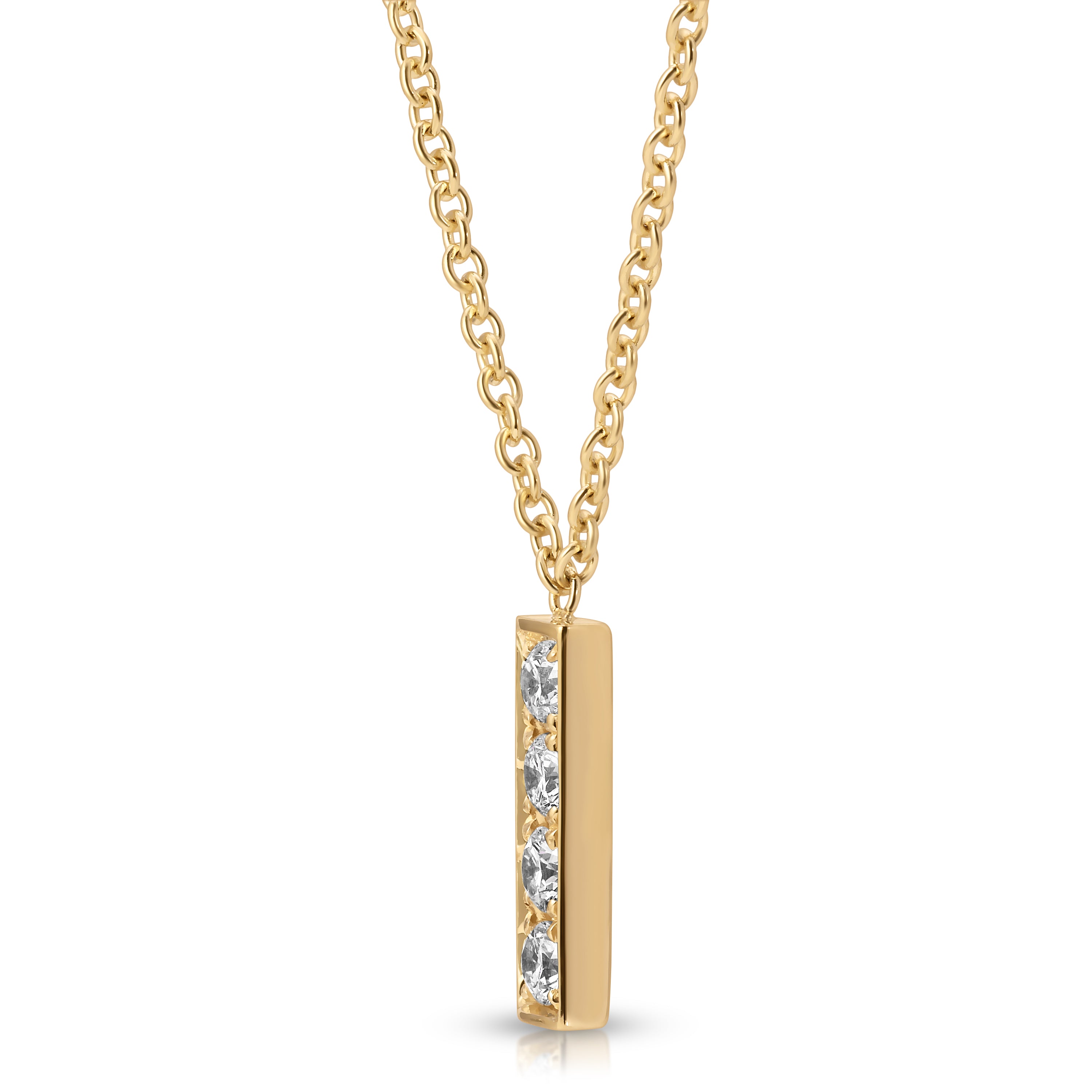 Gold necklace with a diamond pendant on a white background