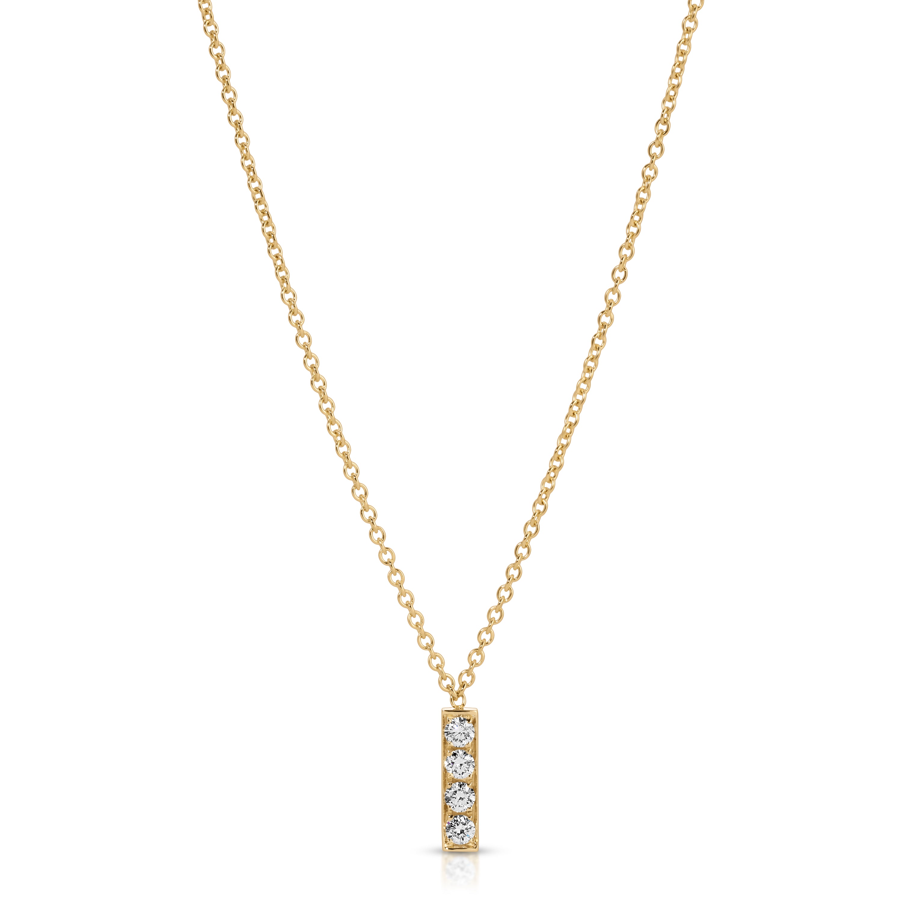 Gold necklace with a small pendant on a white background