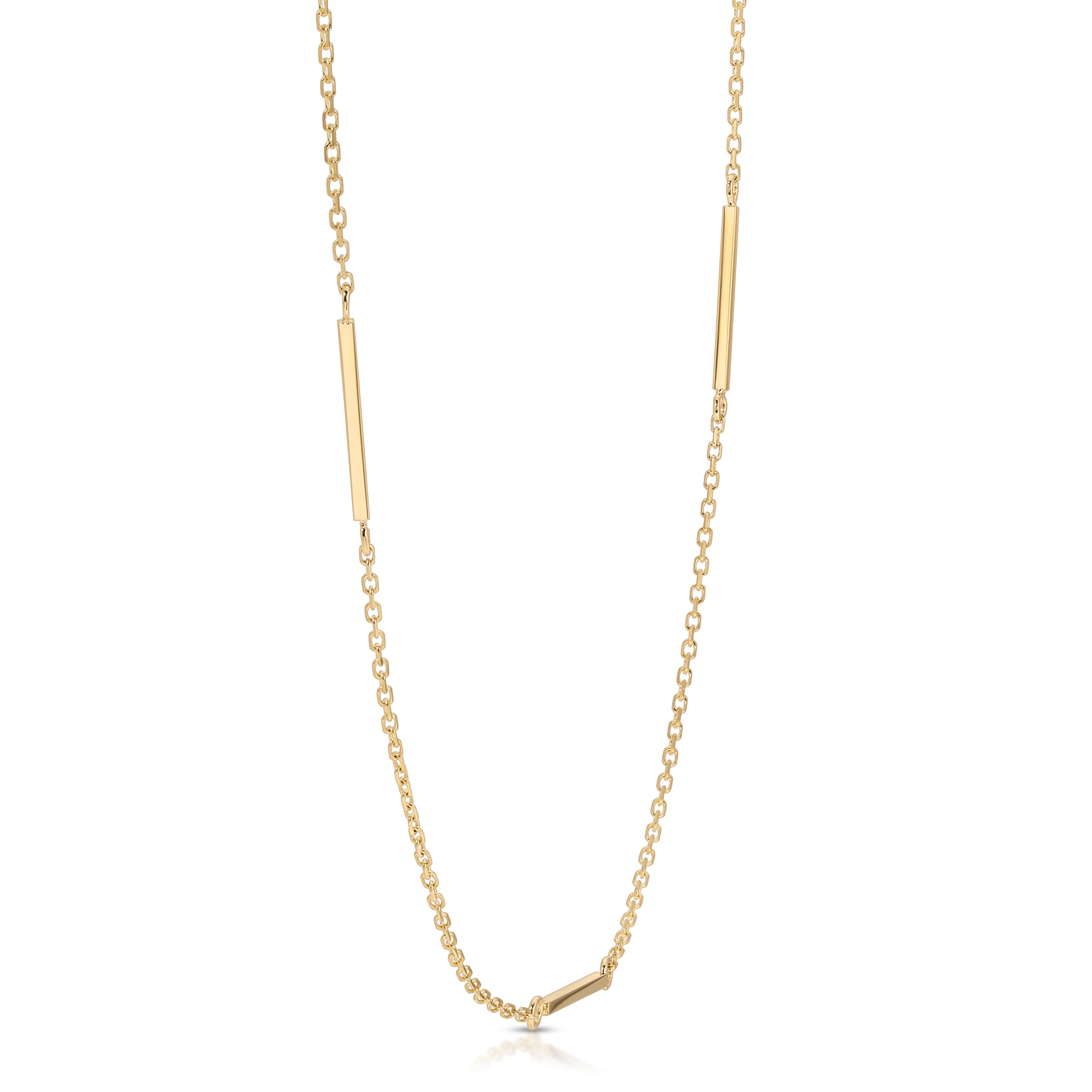 Gold necklace with bar pendants on a white background