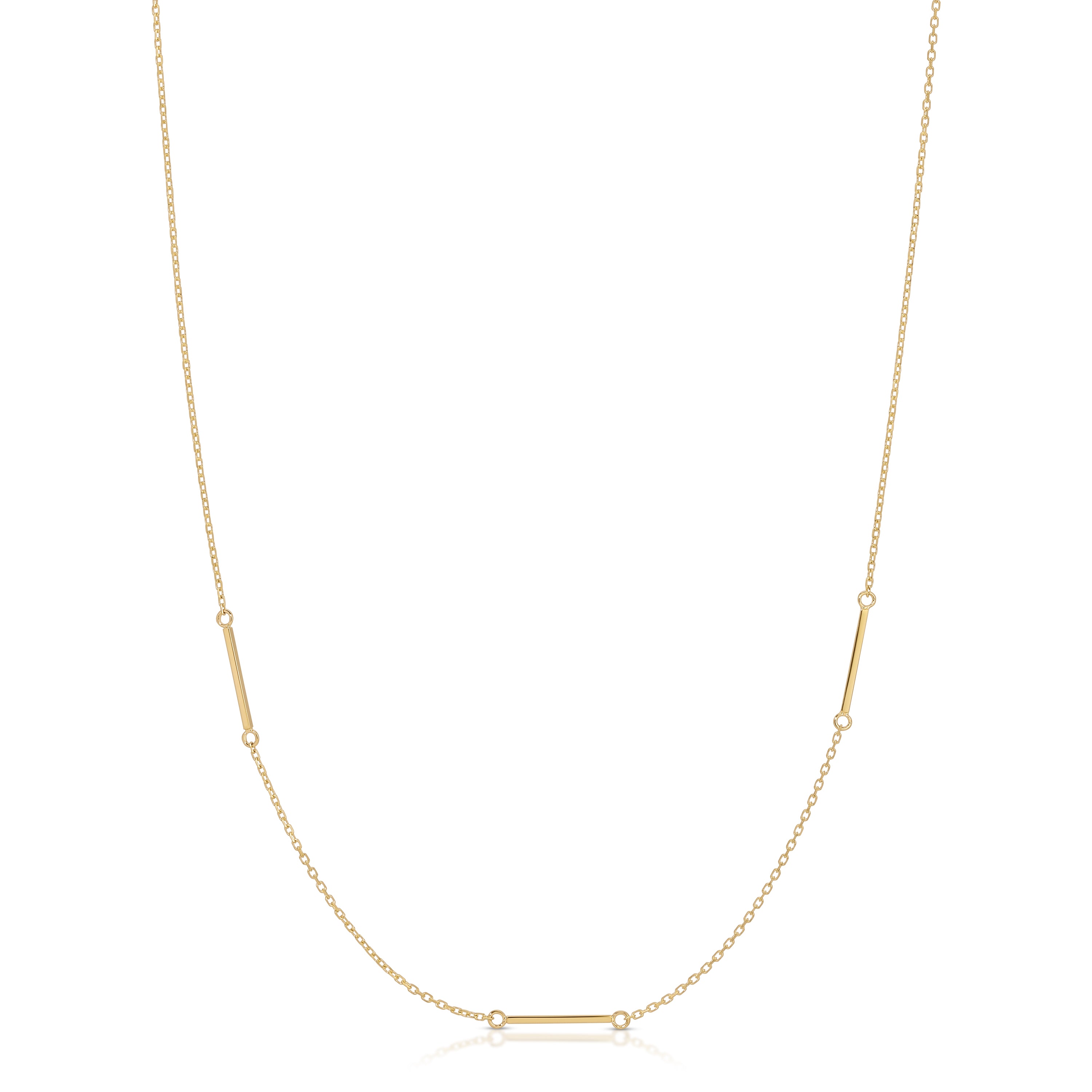 Gold necklace with a bar pendant on a white background