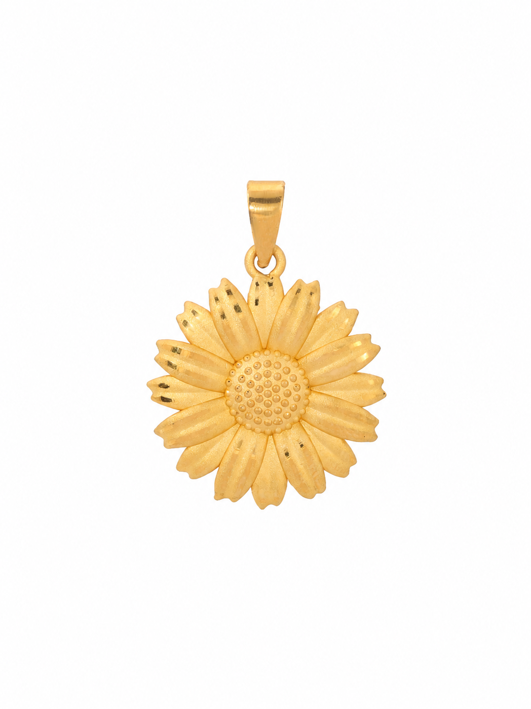 A yellow gold daisy flower pendant with a textured center and small dark oxidized details on the petals, shown against a plain white background.