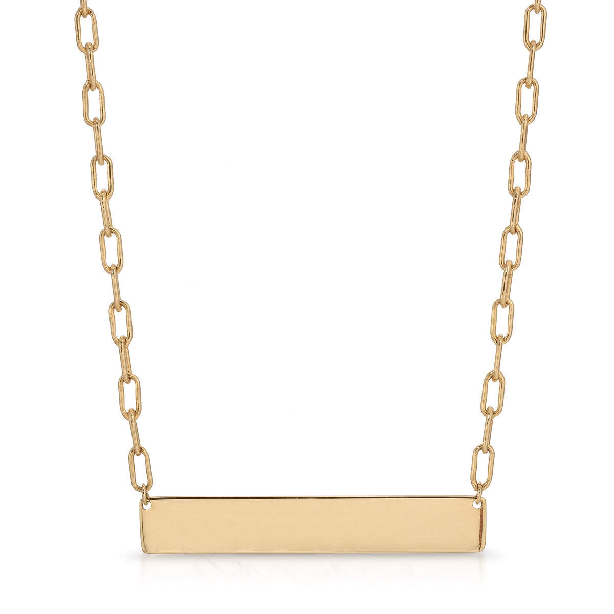 Gold chain necklace with a rectangular pendant on a white background