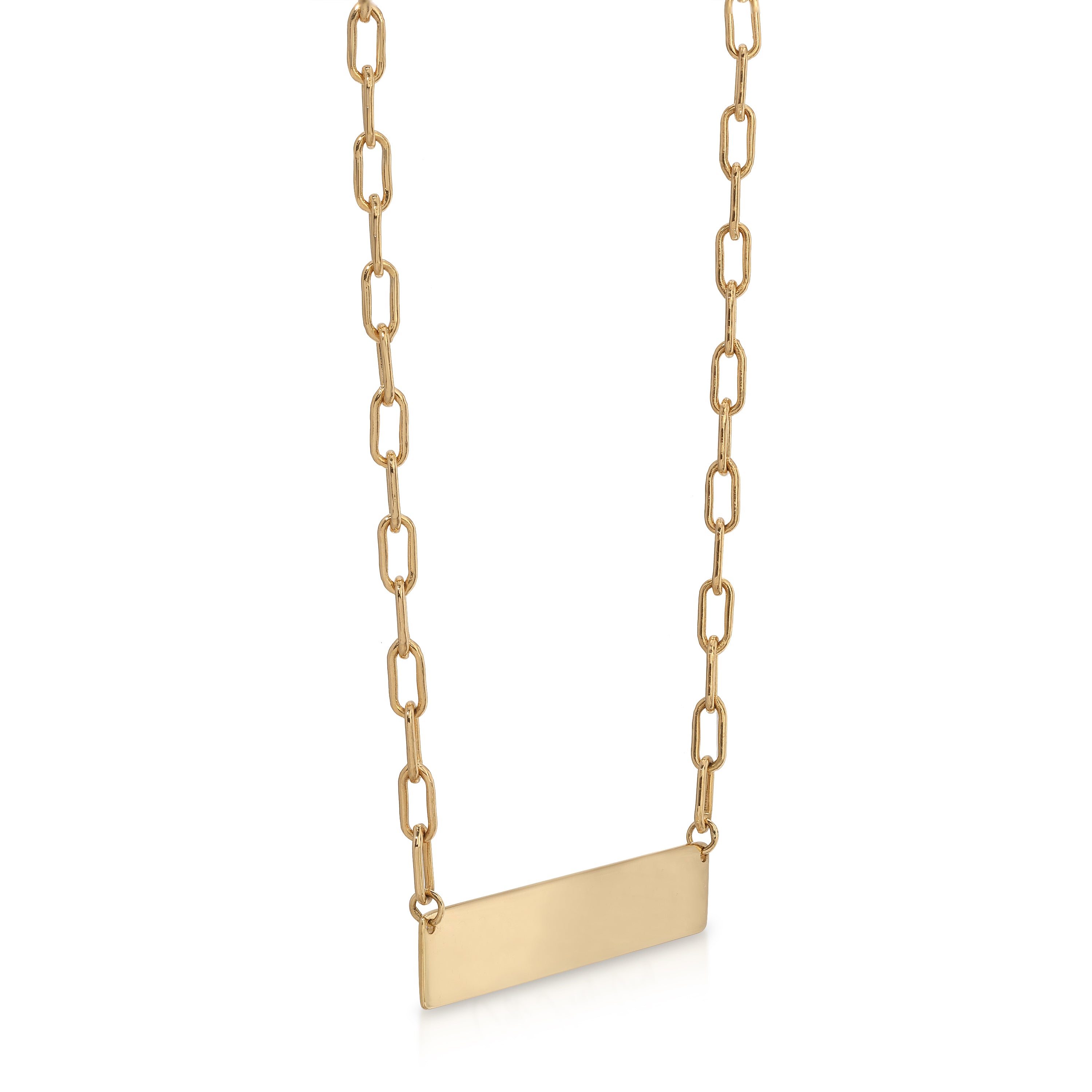 Gold chain necklace with a rectangular pendant on a white background
