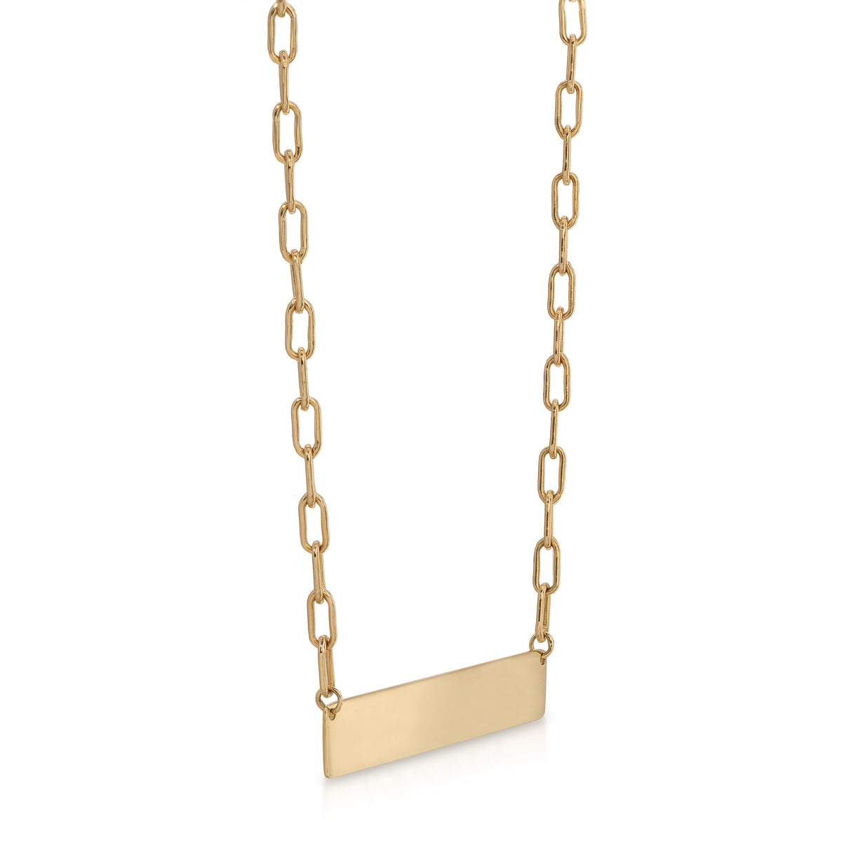 Gold chain necklace with a rectangular pendant on a white background