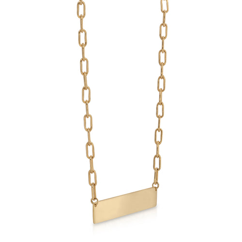 Gold chain necklace with a rectangular pendant on a white background