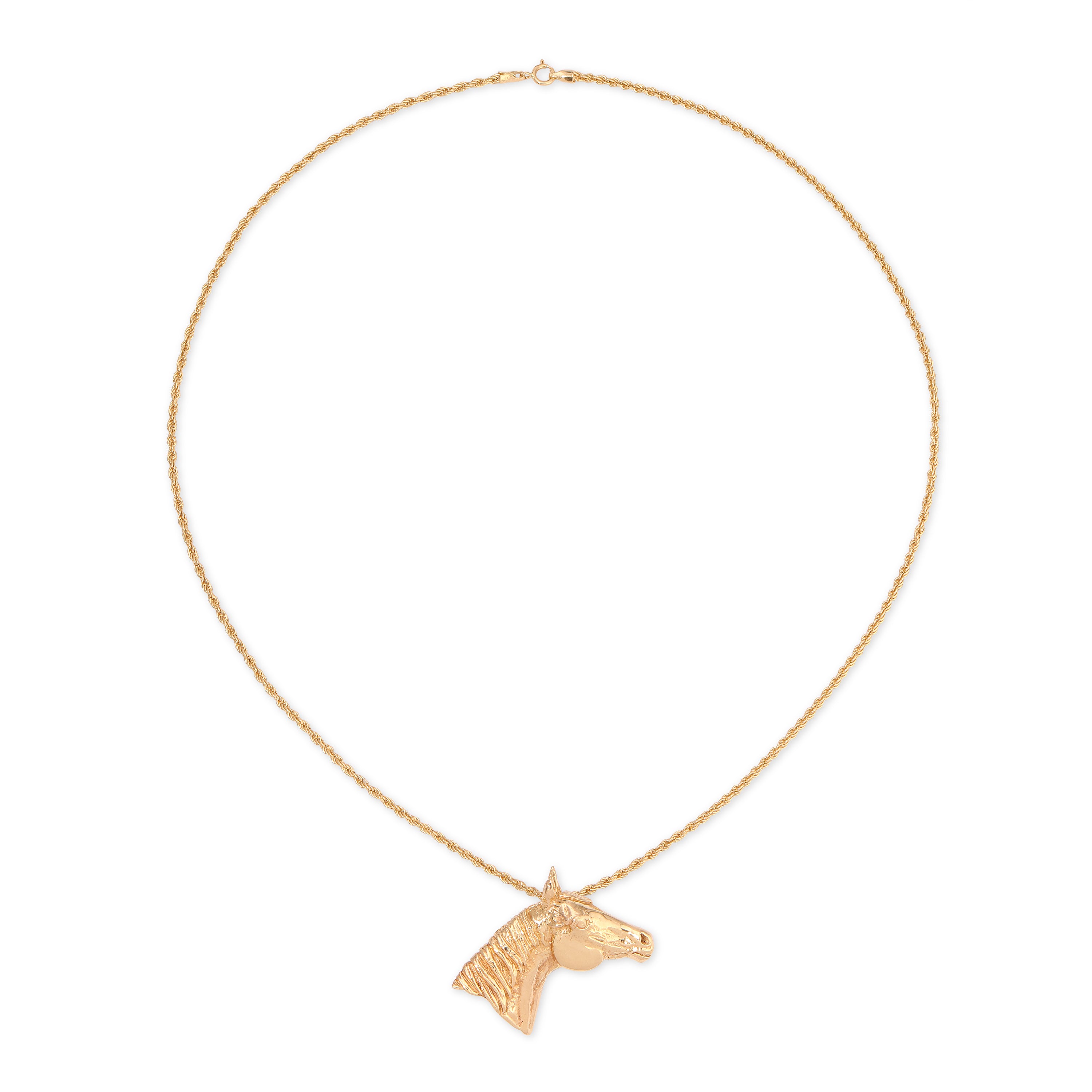 Gold horse head necklace on a white background