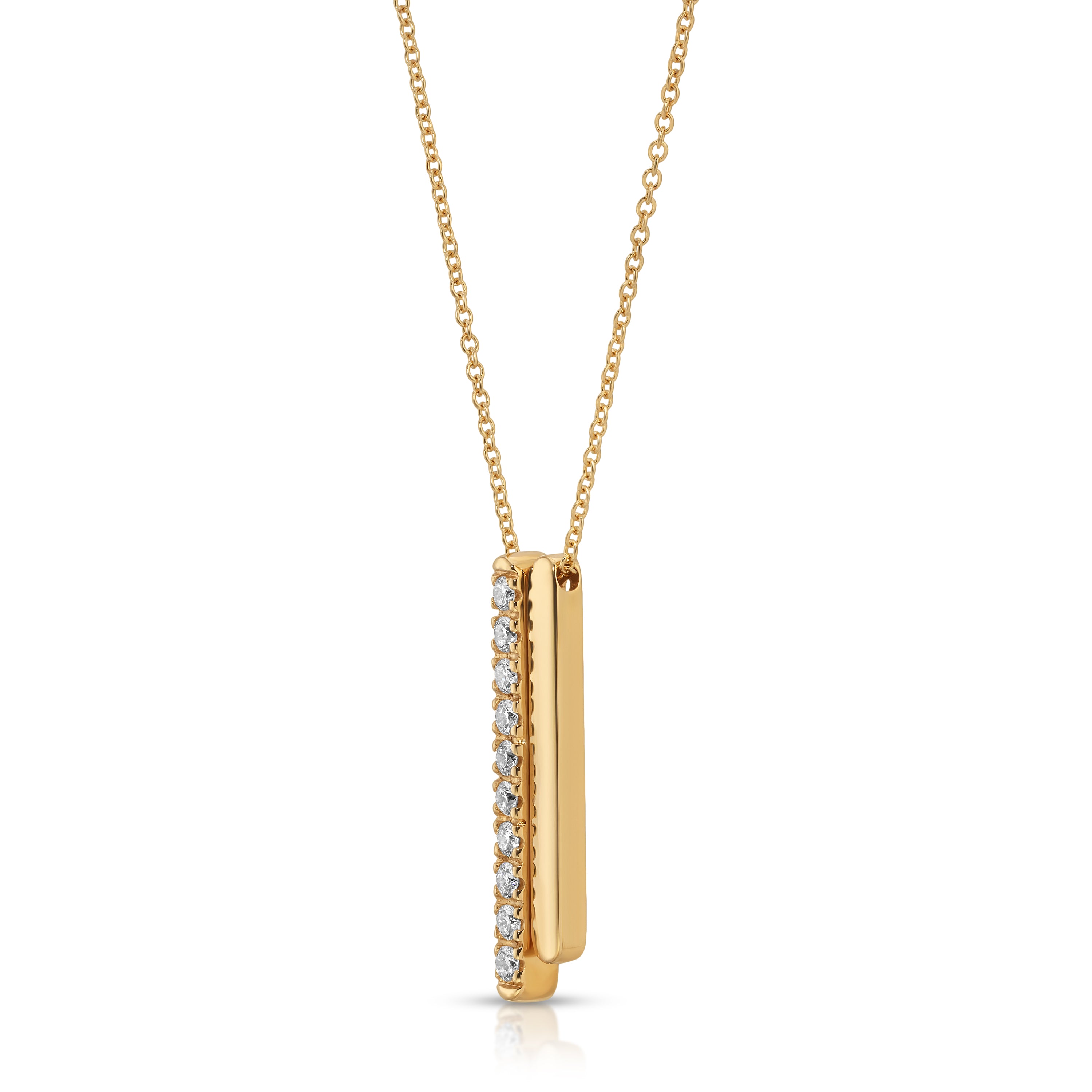 Gold necklace with a vertical bar pendant on a white background