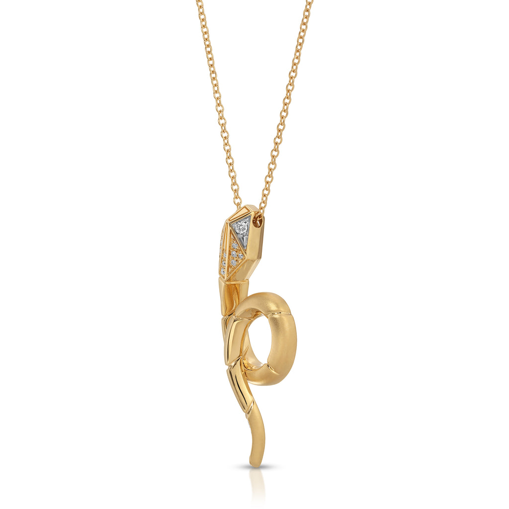 Gold necklace with a unique pendant on a white background