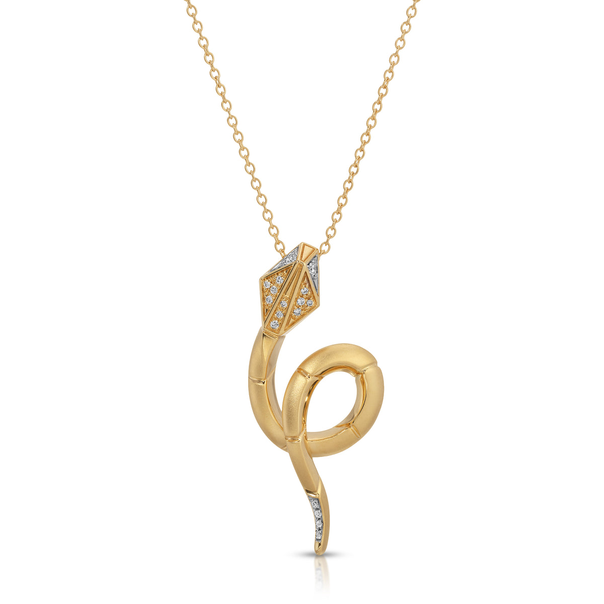 Gold necklace with a unique pendant design on a white background