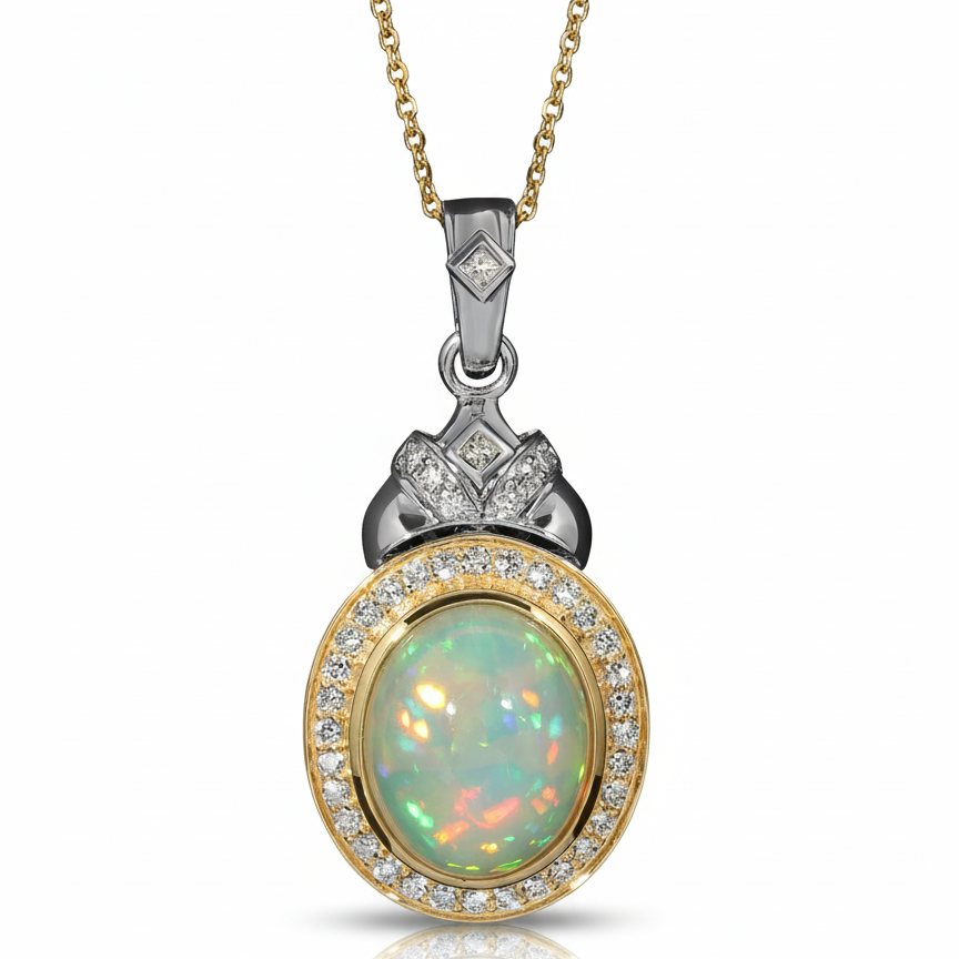 Opal pendant with gold and silver setting on a white background