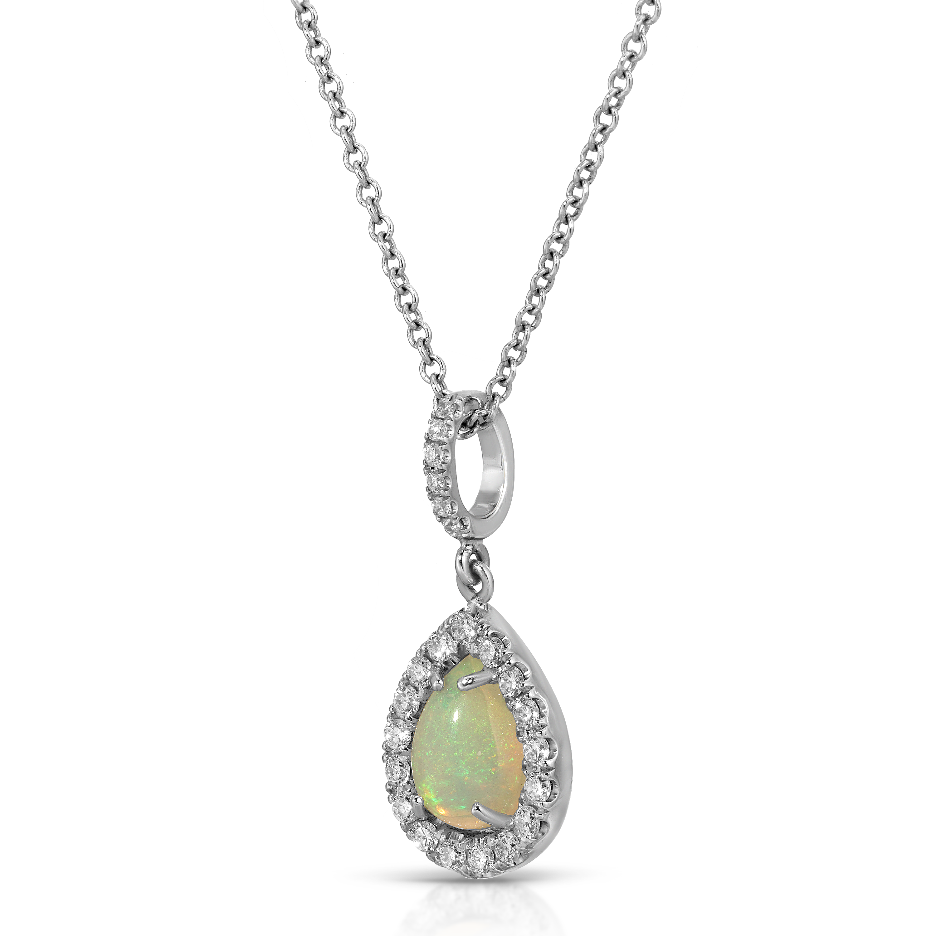 Opal pendant necklace with chain on a white background
