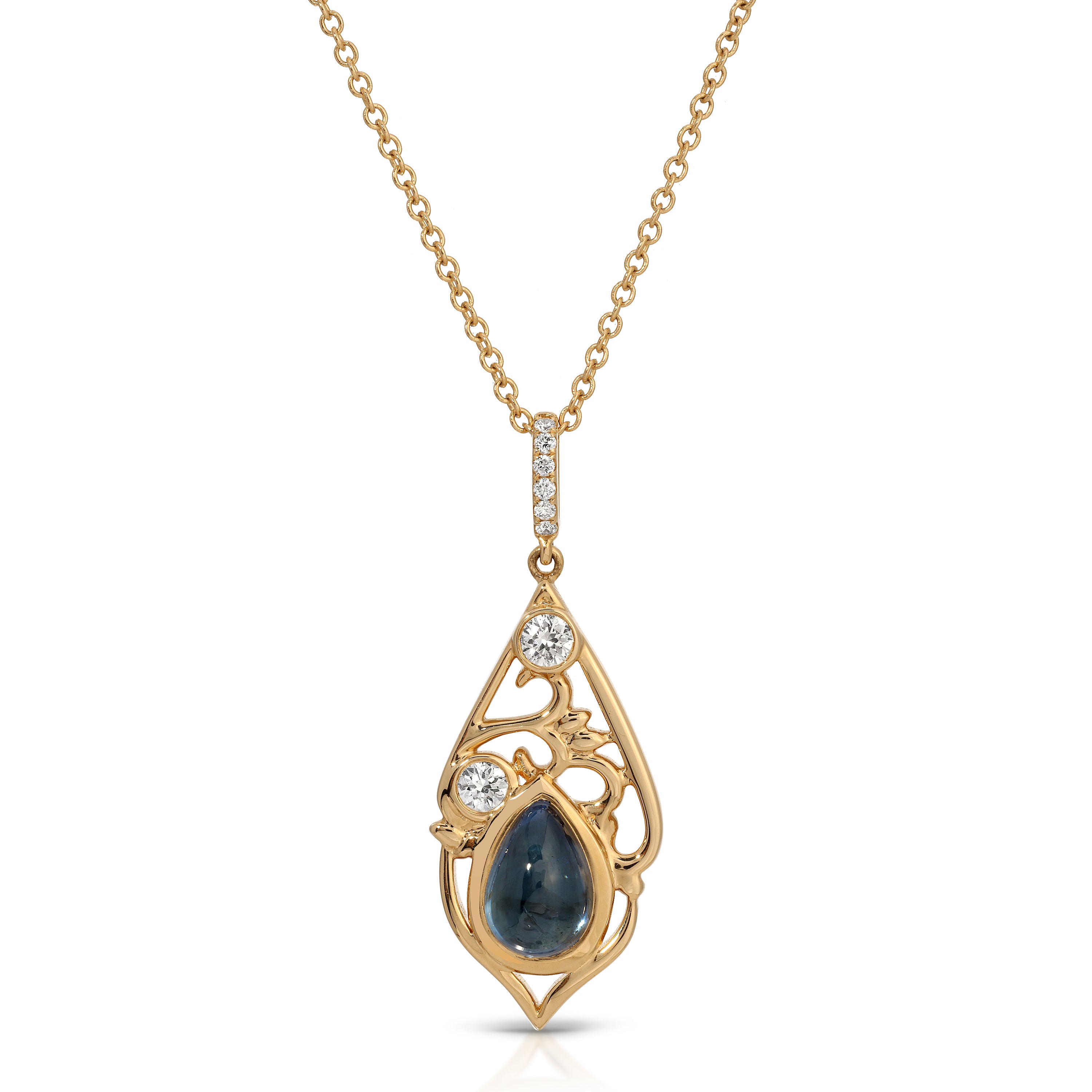 Gold necklace with a teardrop-shaped pendant featuring a blue gemstone and small diamonds on a white background.