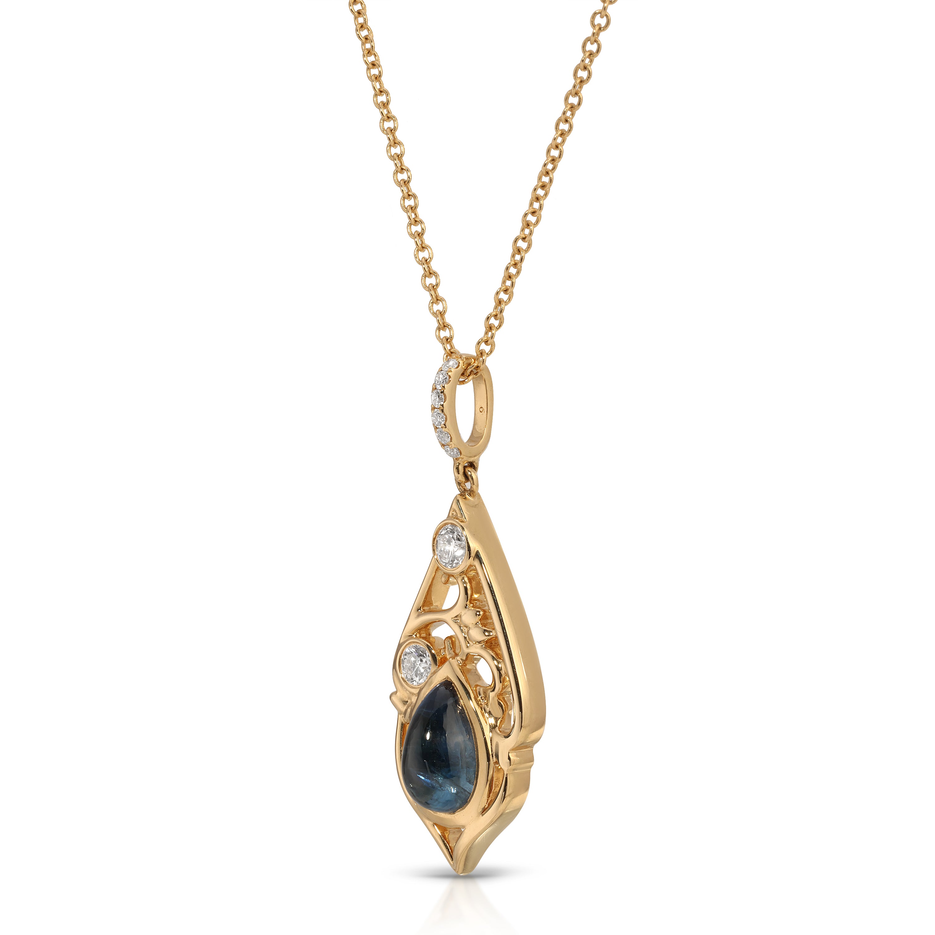 Gold pendant necklace with a blue gemstone on a white background