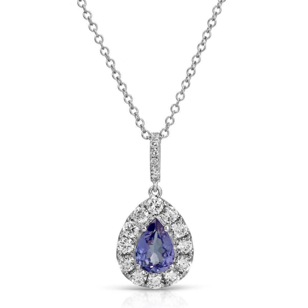 Teardrop-shaped pendant with purple gemstone and diamond accents on a white background