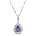 Teardrop-shaped pendant with purple gemstone and diamond accents on a white background