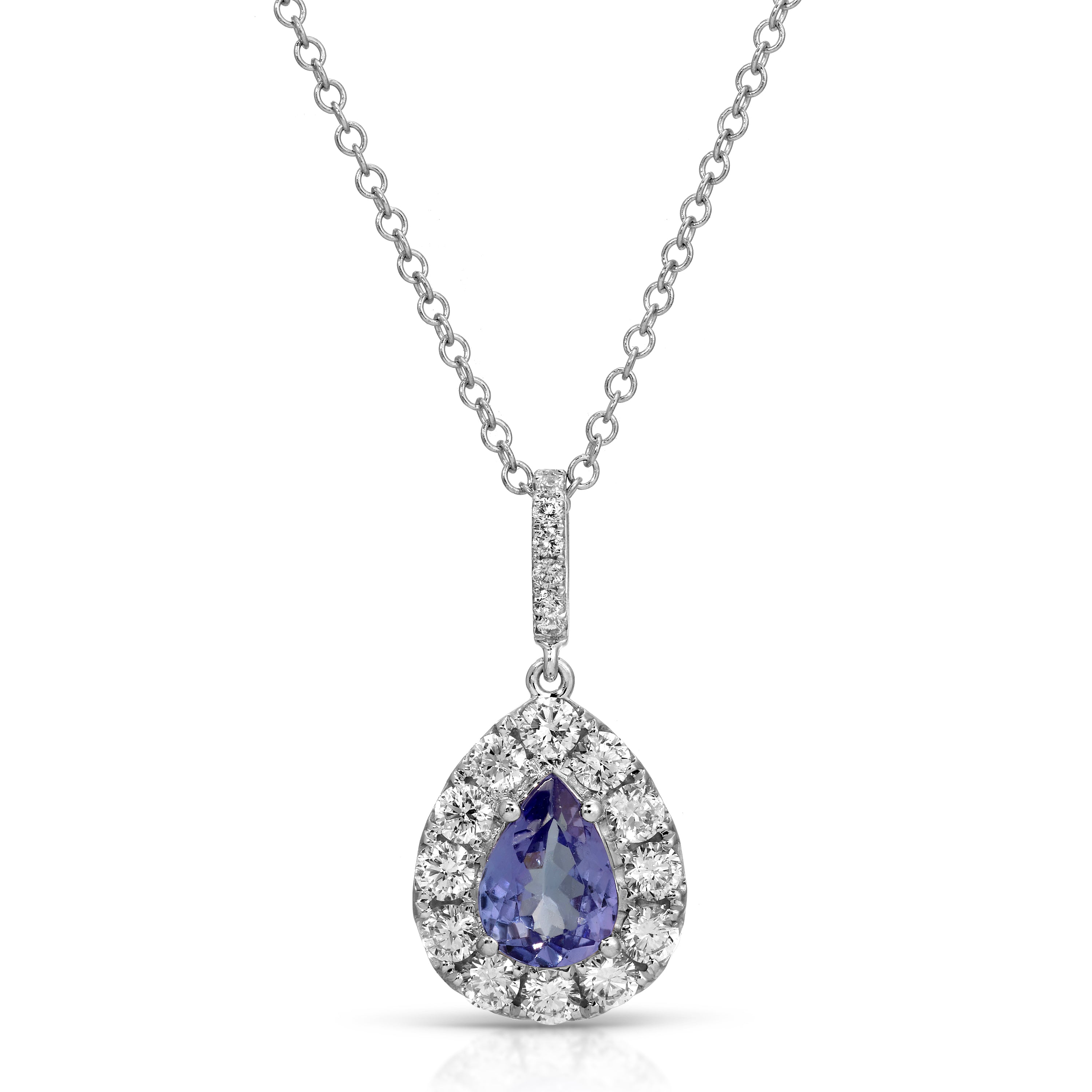 Teardrop-shaped pendant with purple gemstone and diamond accents on a white background
