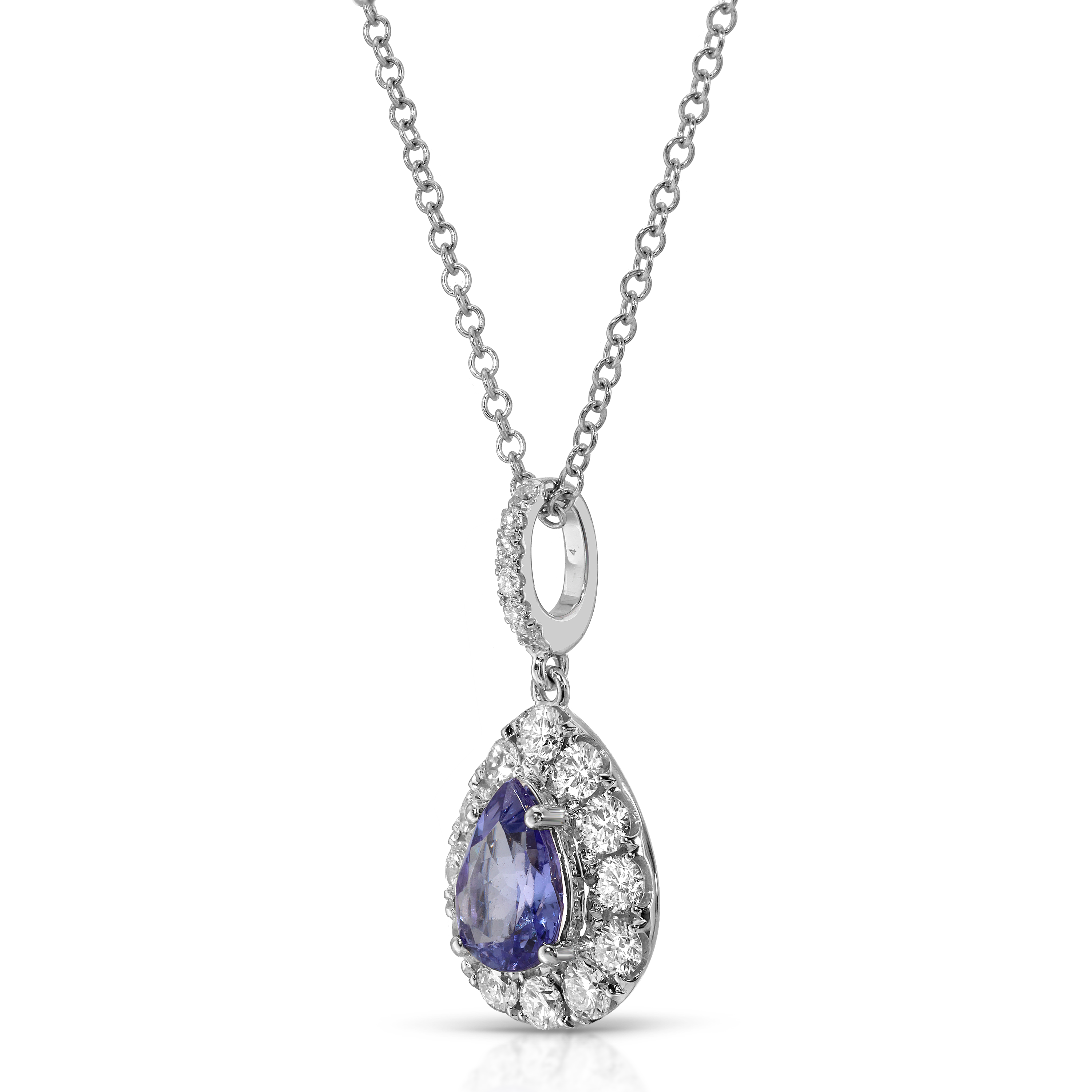 Diamond and purple gemstone pendant on a chain against a white background