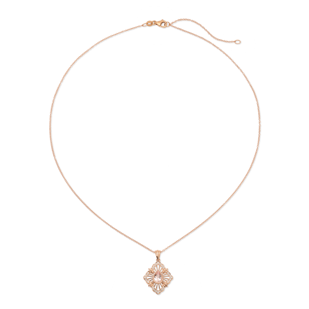Rose gold necklace with a decorative pendant on a white background