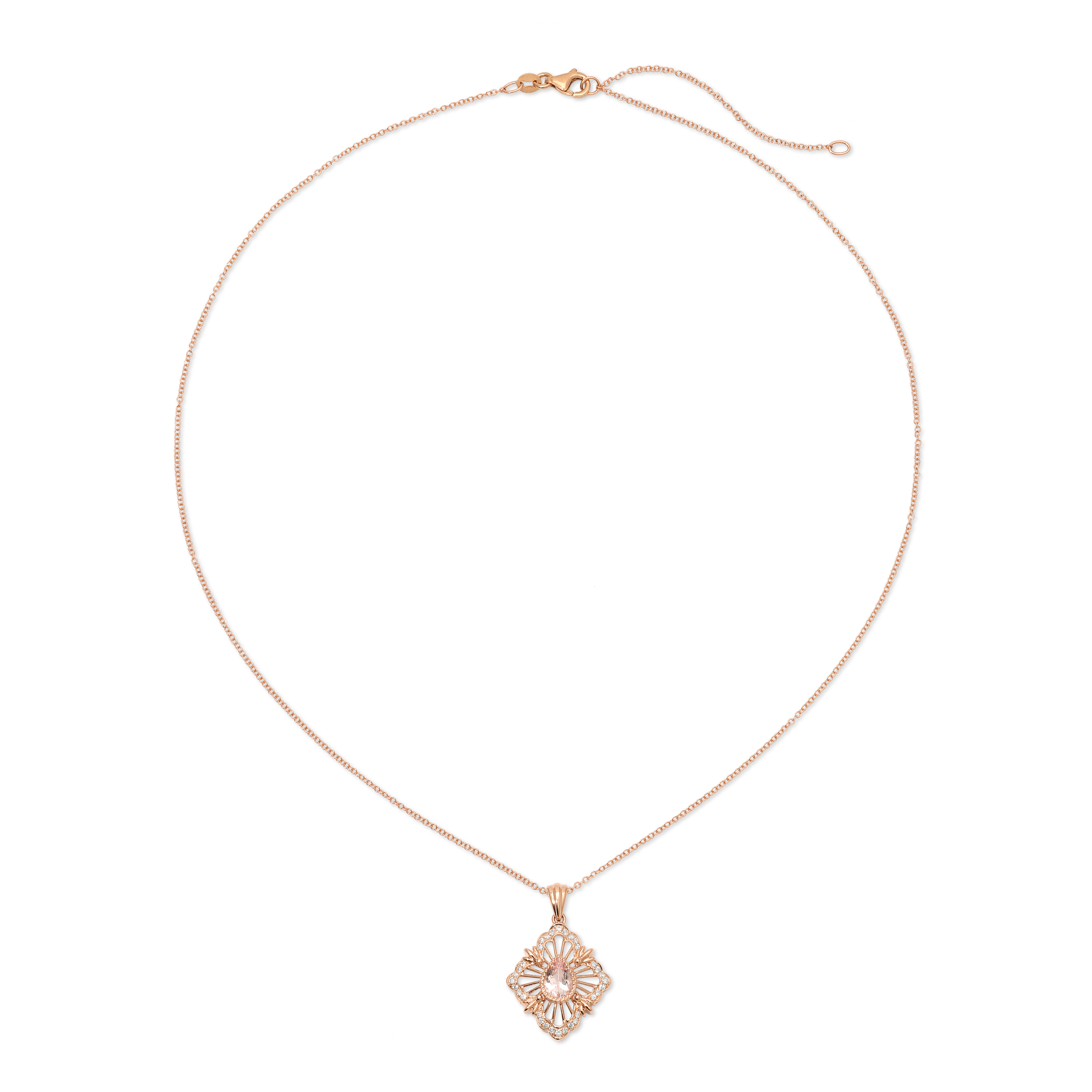 Rose gold necklace with a decorative pendant on a white background