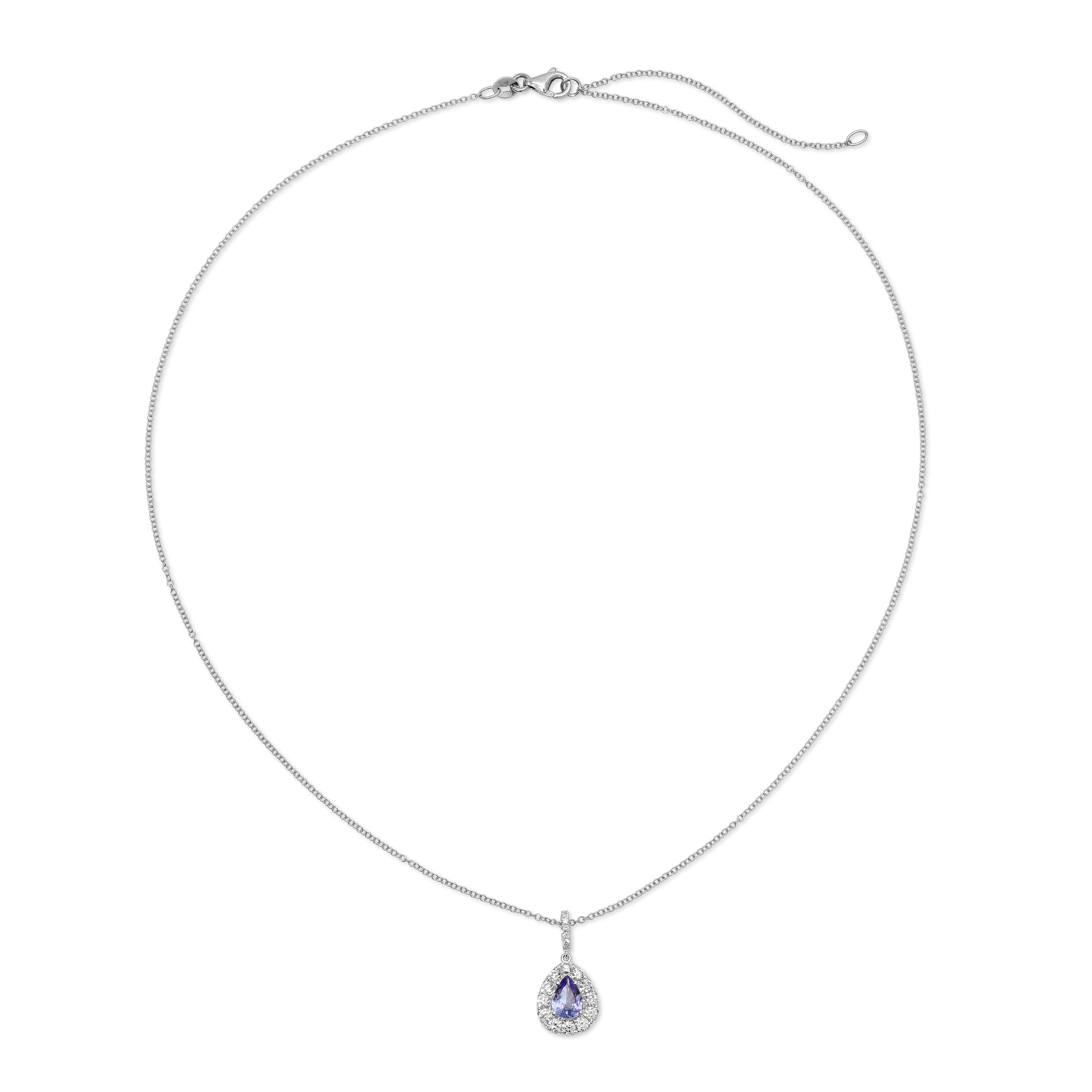 Necklace with a teardrop-shaped purple gemstone pendant on a white background