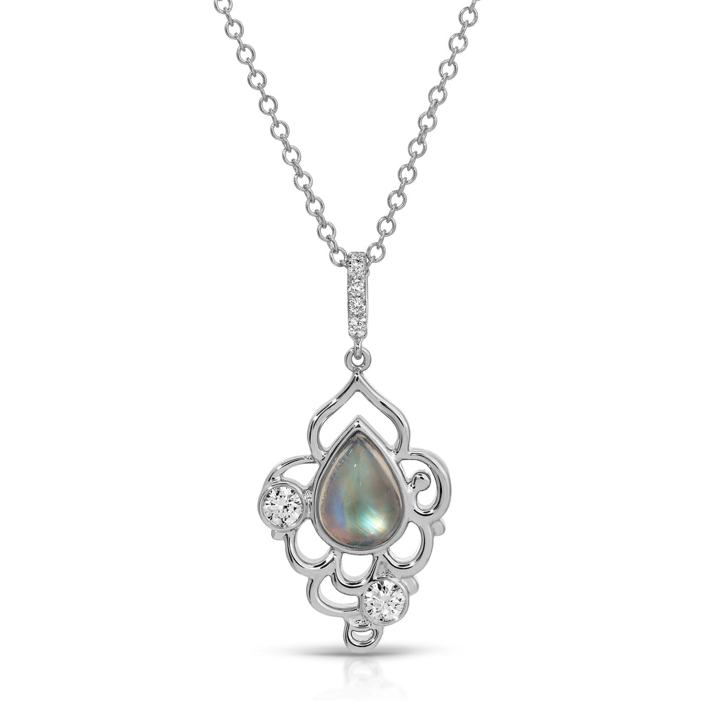 Silver pendant with a teardrop-shaped gemstone on a white background