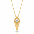 A gold pendant necklace featuring a faceted, diamond-shaped gold geometric pendant with a clear round-cut gemstone at its center, suspended from a delicate gold chain against a plain white background.