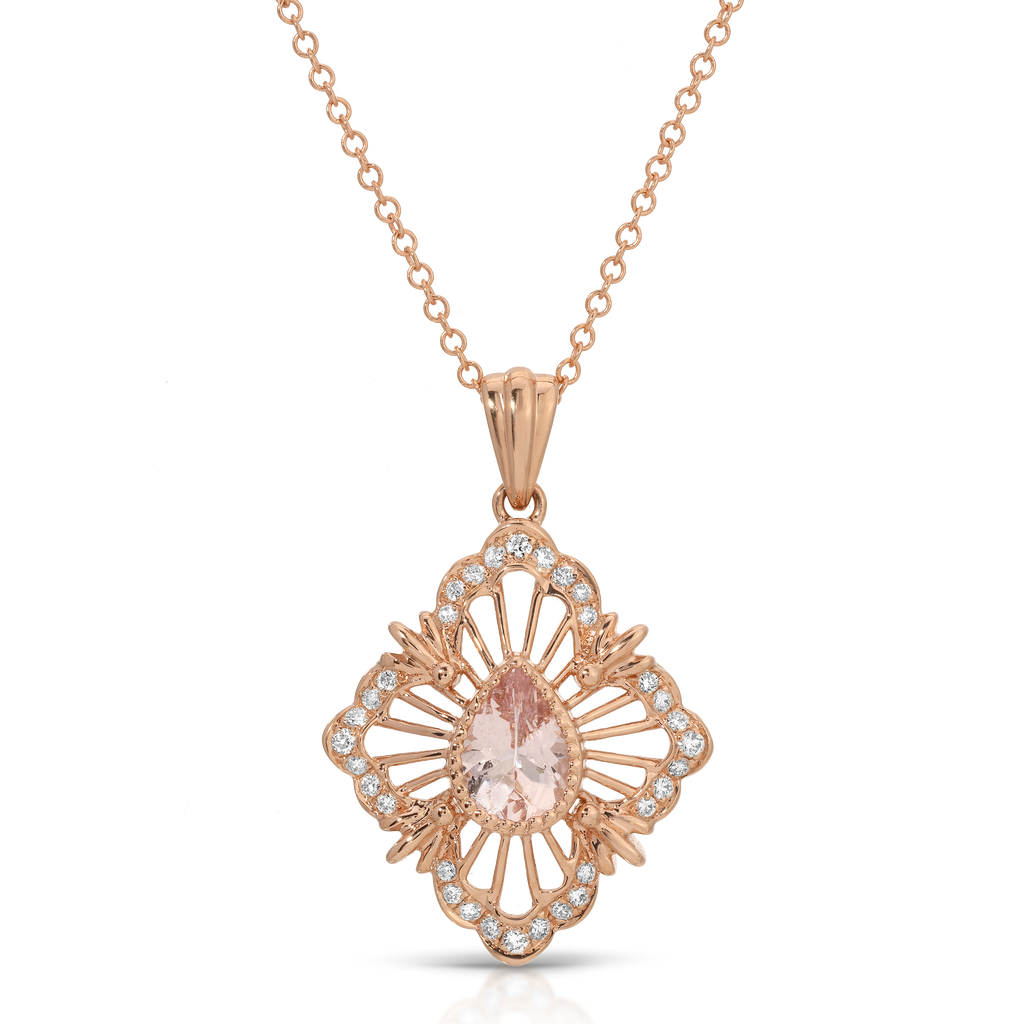 Rose gold necklace with a pendant on a white background