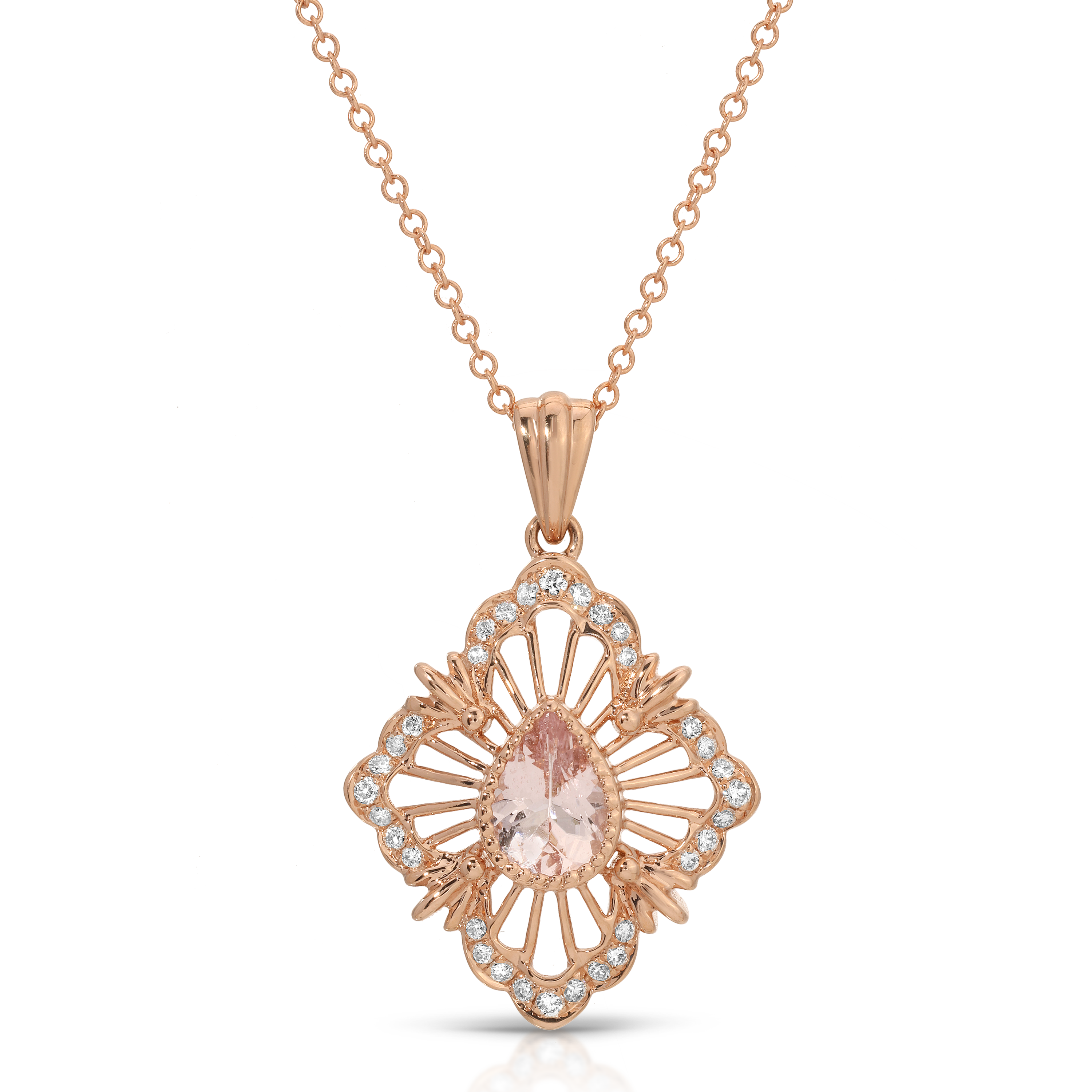 Rose gold necklace with a pendant on a white background