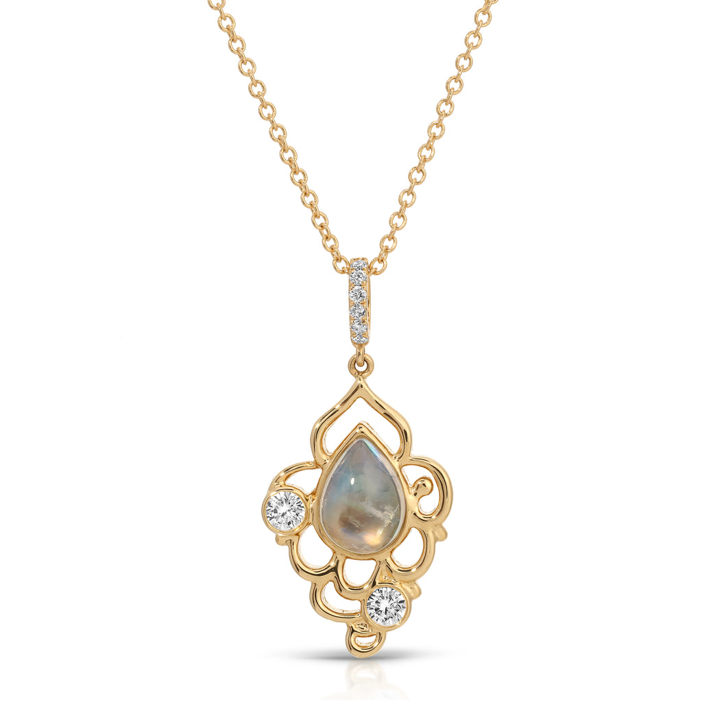 Gold necklace with a teardrop-shaped pendant on a white background