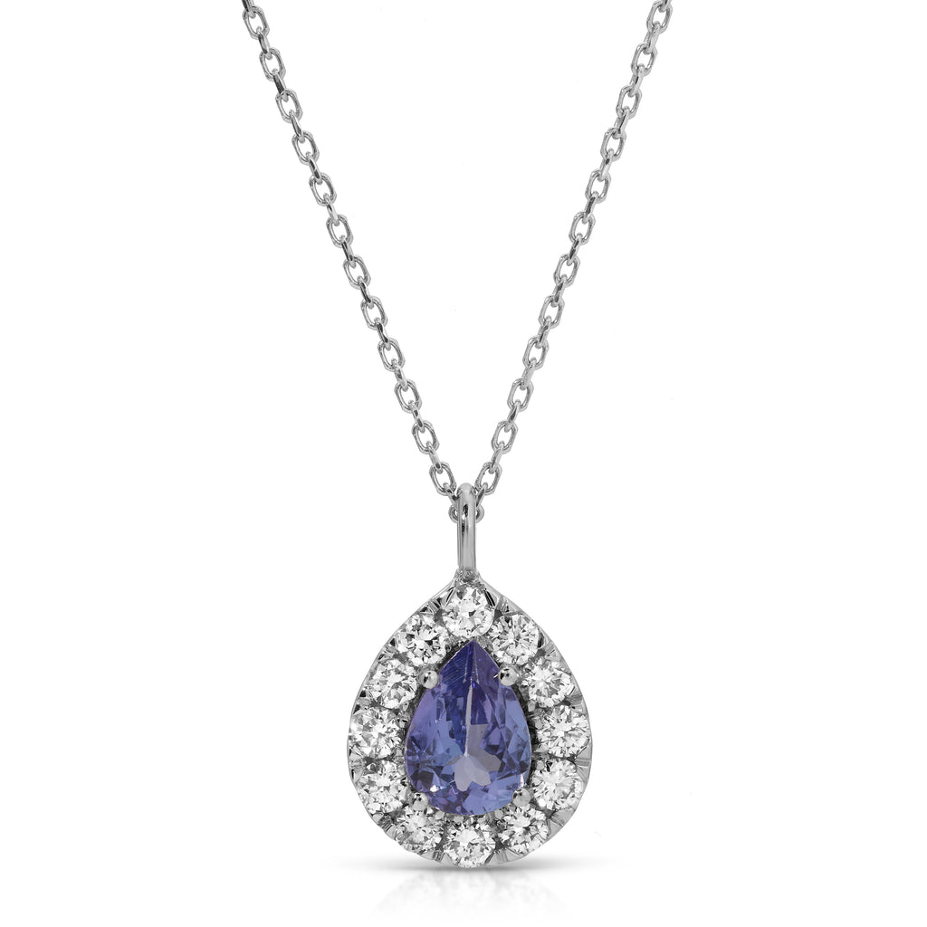 Teardrop-shaped pendant with purple gemstone and diamonds on a white background