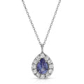 Teardrop-shaped pendant with purple gemstone and diamonds on a white background