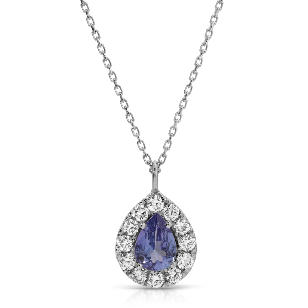 Teardrop-shaped pendant with purple gemstone and diamonds on a white background