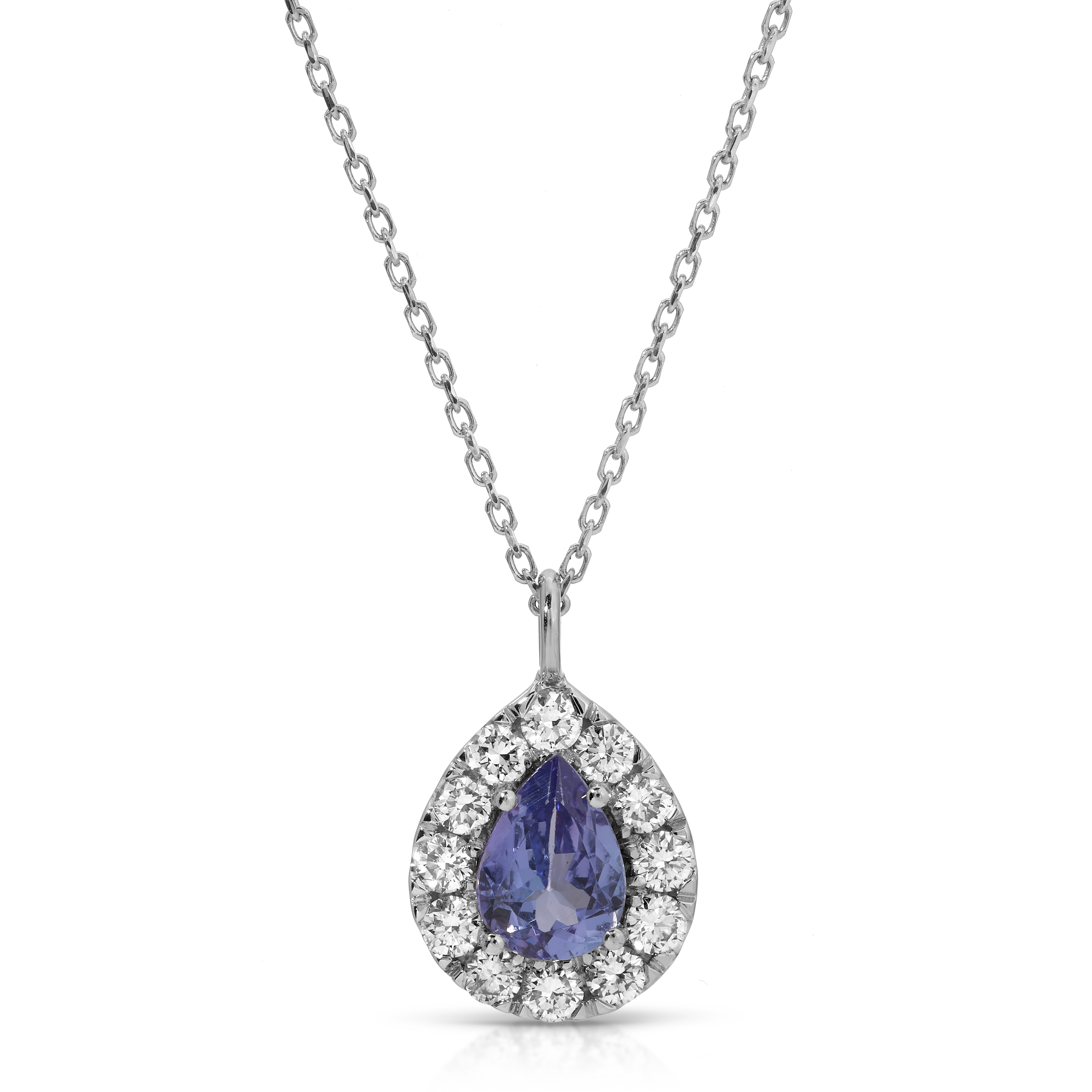 Teardrop-shaped pendant with purple gemstone and diamonds on a white background