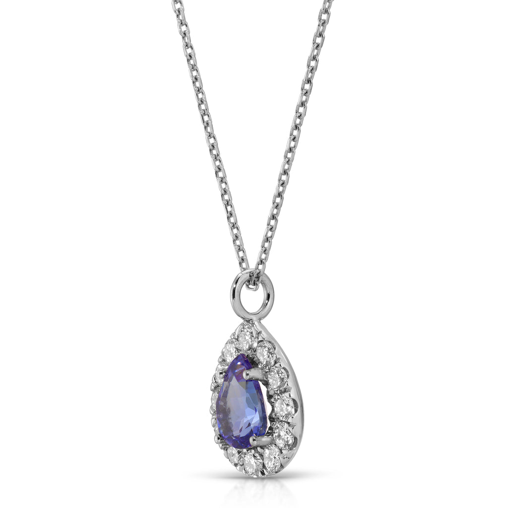 Teardrop-shaped pendant with purple gemstone and diamonds on a white background