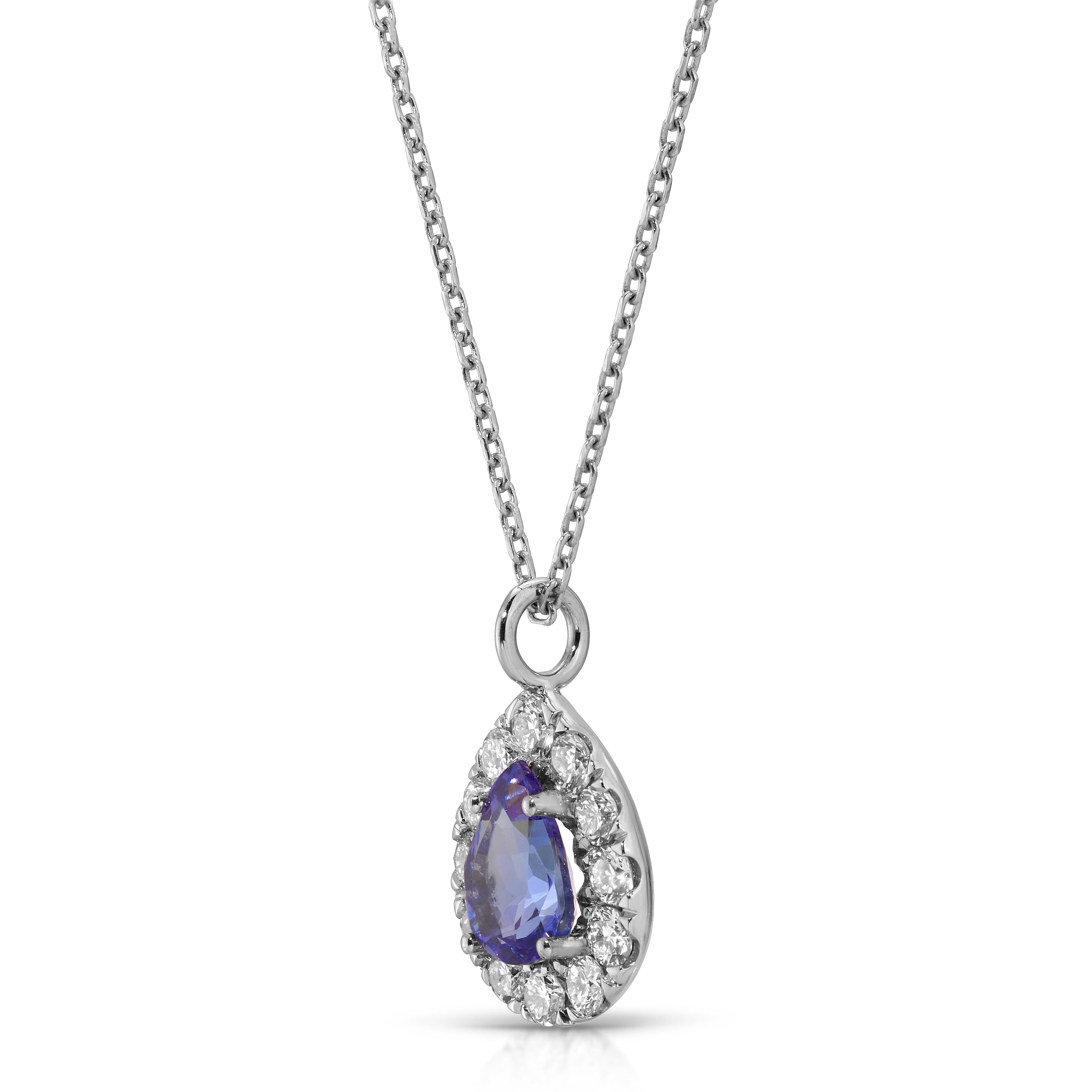 Teardrop-shaped pendant with purple gemstone and diamonds on a white background