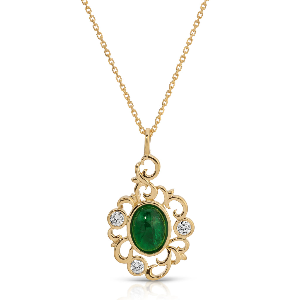 Gold necklace with a green gemstone and small diamonds on a white background