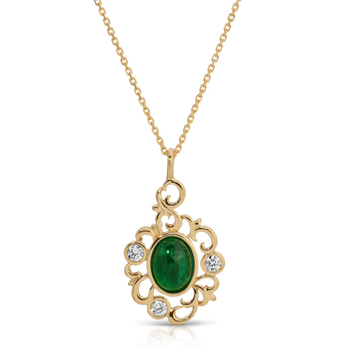 Gold necklace with a green gemstone and small diamonds on a white background