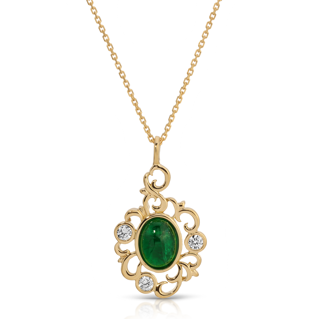 Gold necklace with a green gemstone and small diamonds on a white background