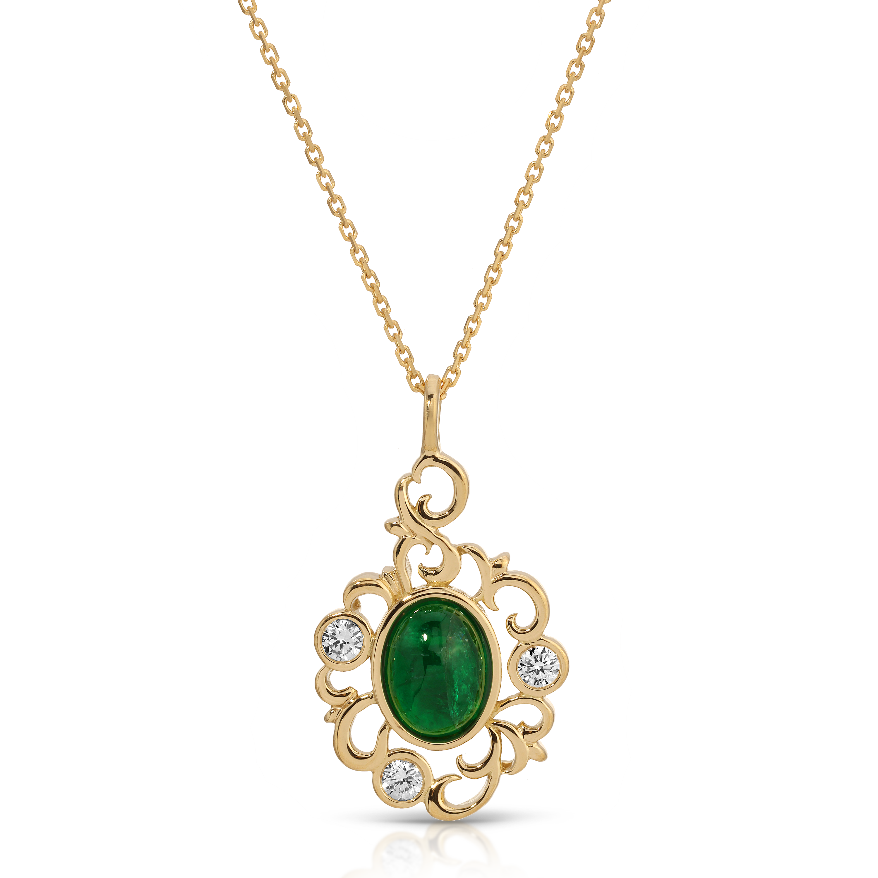 Gold necklace with a green gemstone and small diamonds on a white background