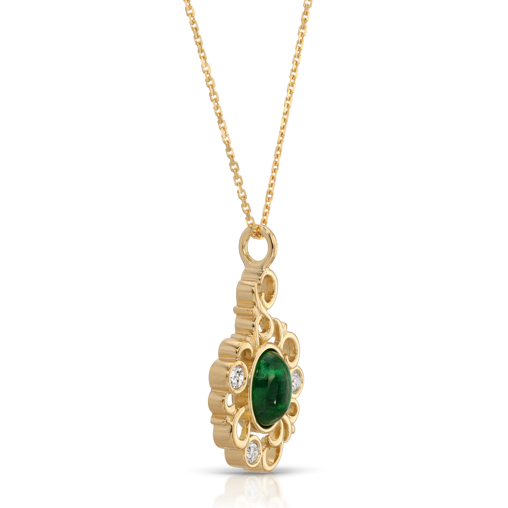 Gold pendant with a green gemstone on a white background