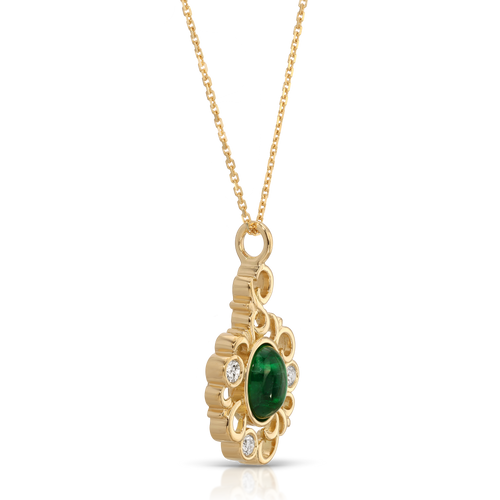 Gold pendant with a green gemstone on a white background