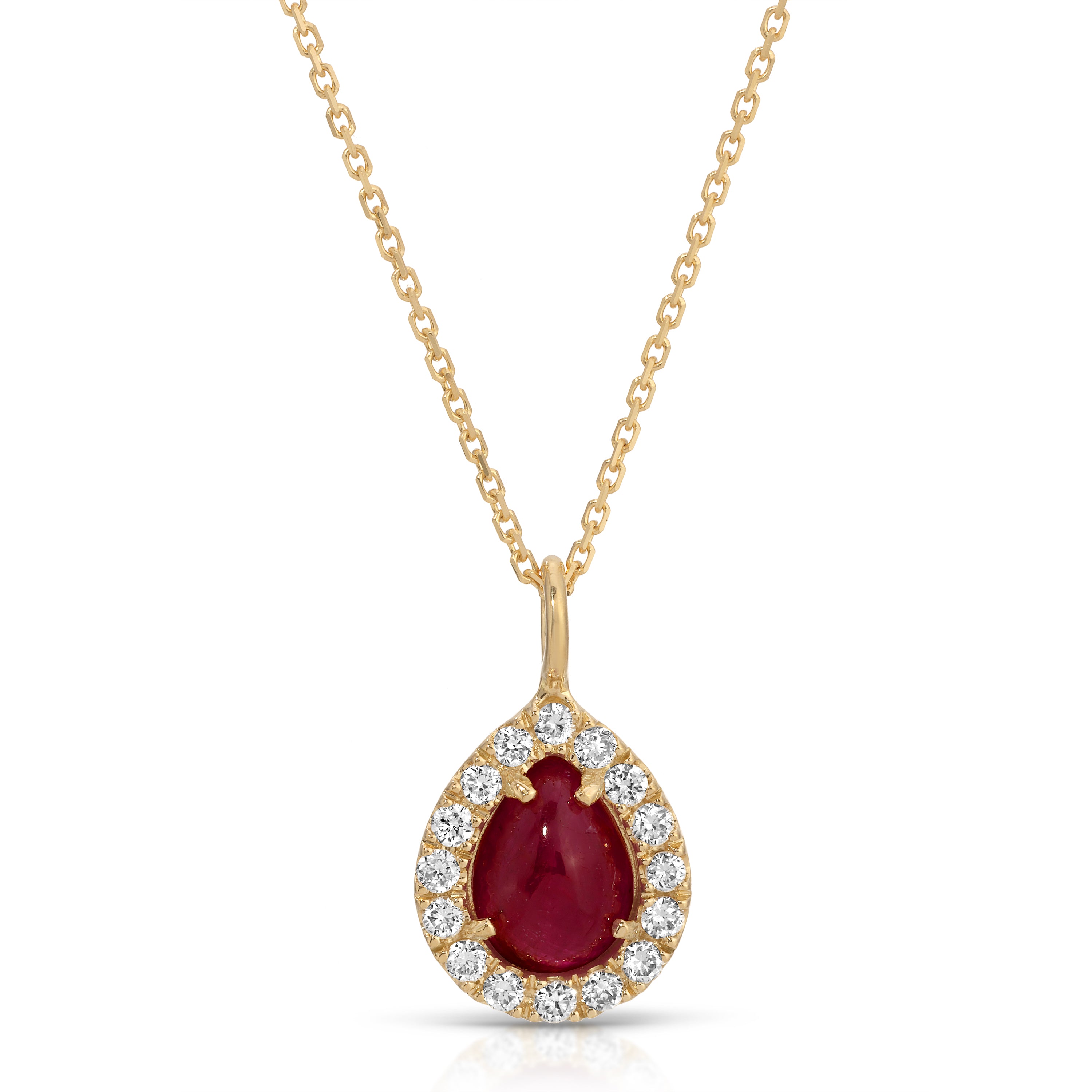 Gold necklace with a red gemstone and diamond accents on a white background